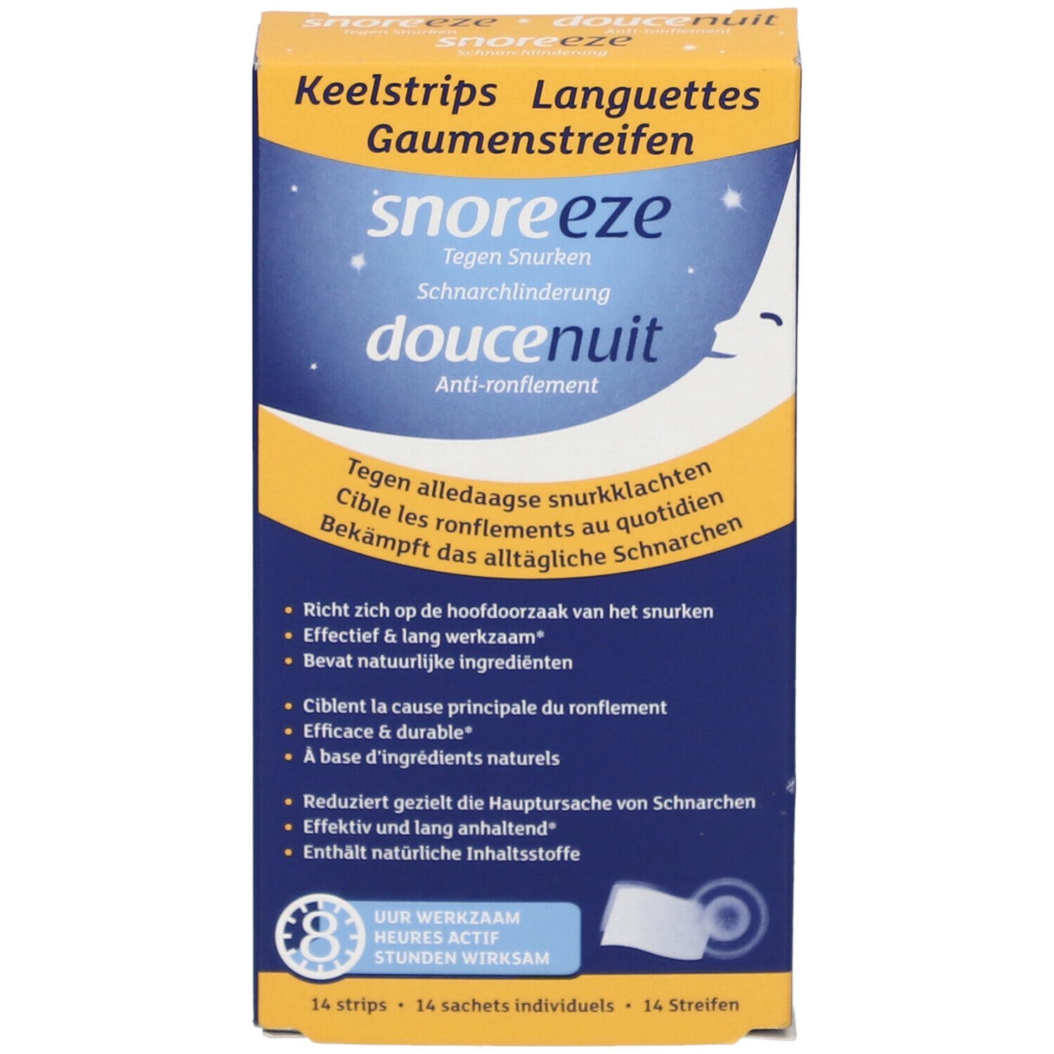Face avant de la boîte Snoreeze Bandes pour la Gorge. Nom du produit, texte et graphiques.