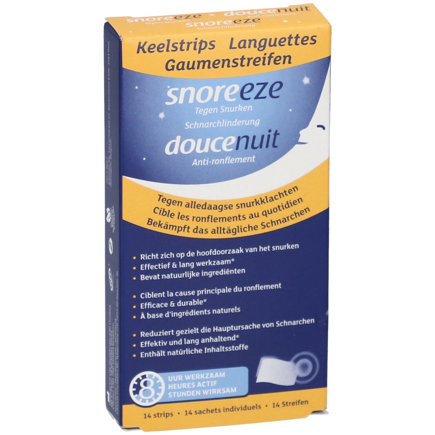 Face avant de la boîte Snoreeze Bandes pour la Gorge. Nom du produit, texte et graphiques.