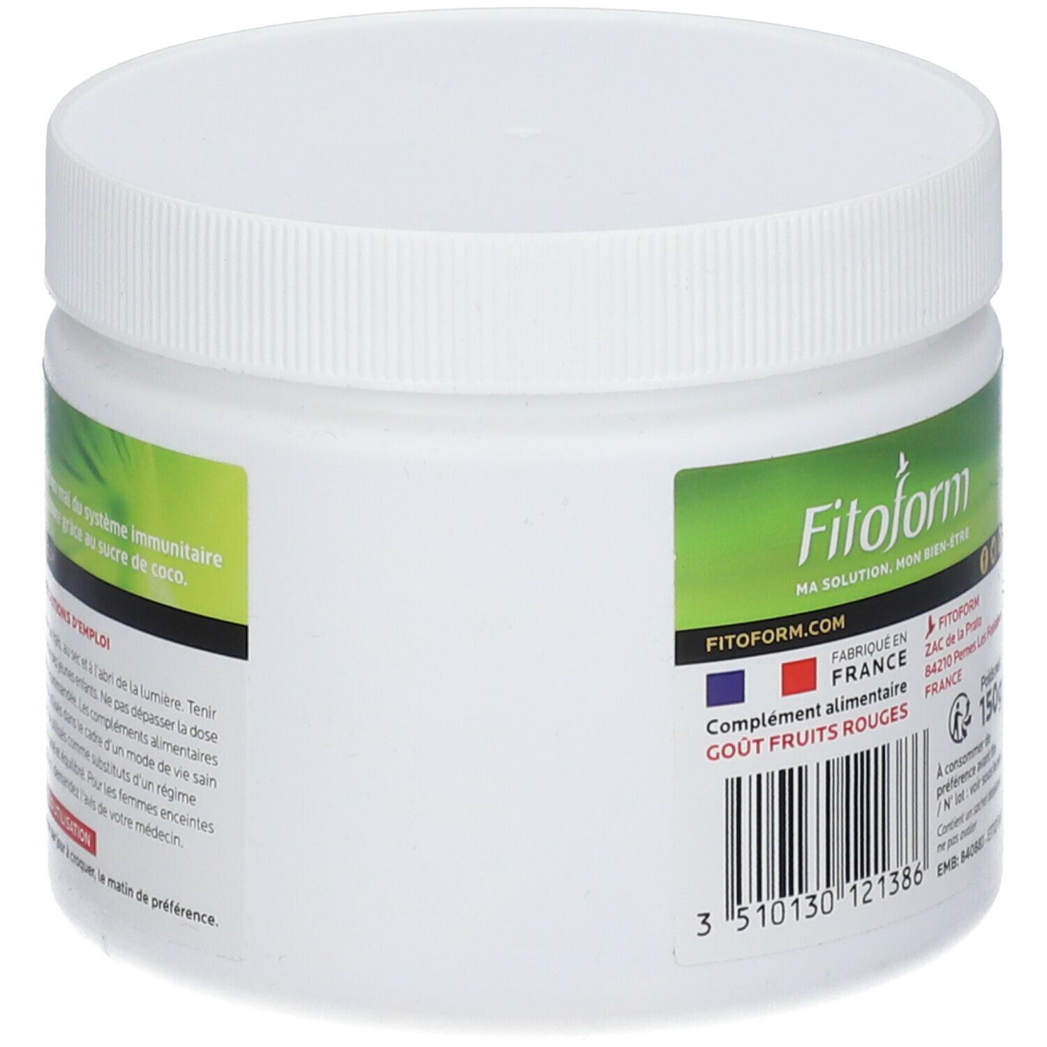 Weißes Produktglas mit grünem und gelbem Etikett. Aufschrift: Fitoform. Enthält Informationen über das Produkt.