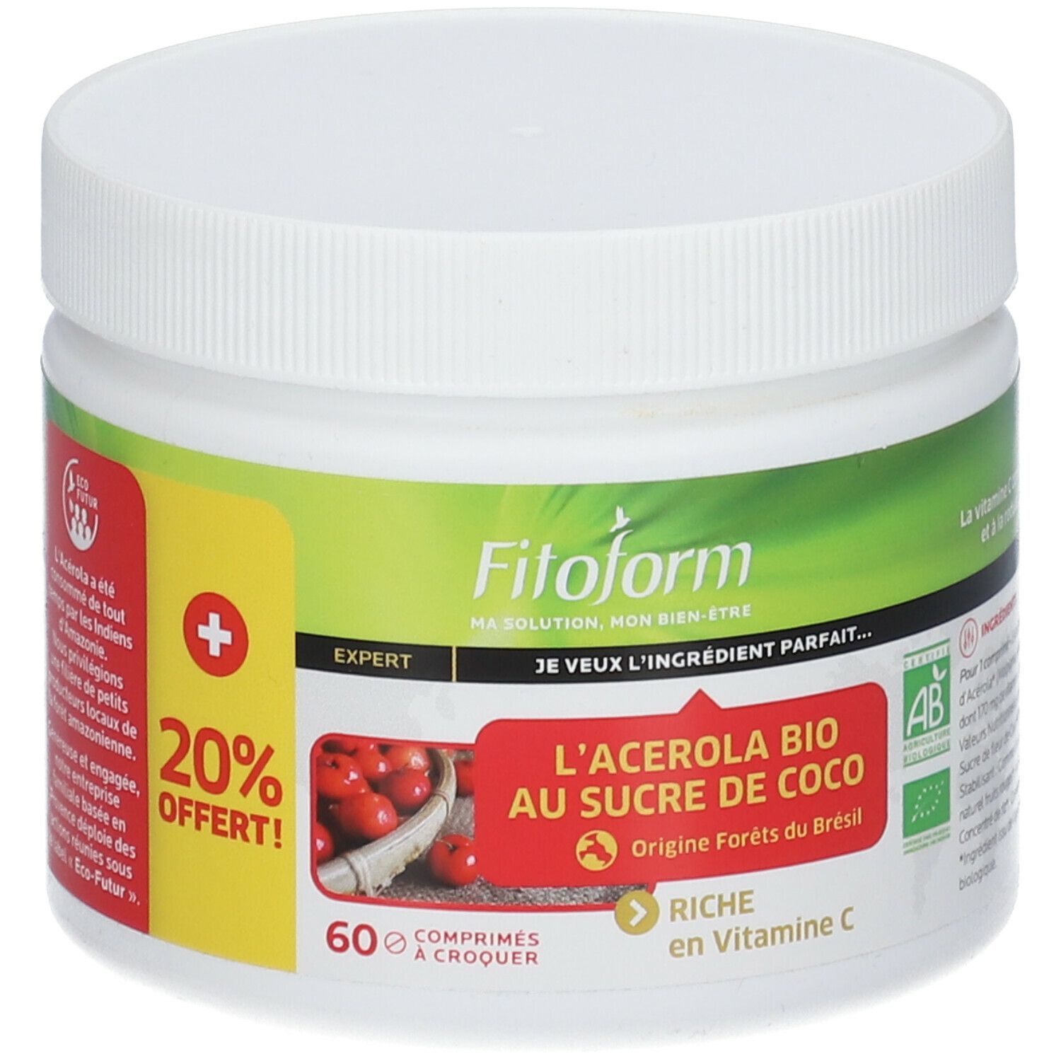 Weißes Produktglas mit grünem und gelbem Etikett. Aufschrift: Fitoform, L'Acérola Bio, au sucre de coco. 60 Tabletten.