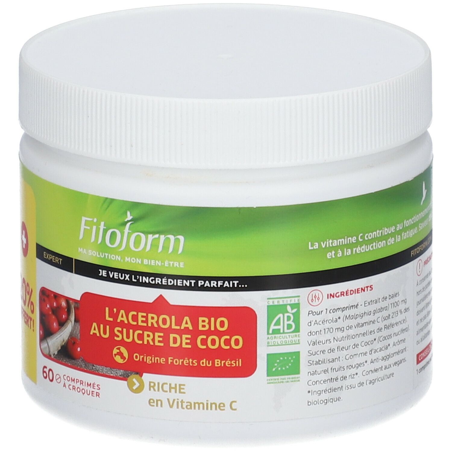 Weißes Produktglas mit grünem und gelbem Etikett. Aufschrift: Fitoform, L'Acérola Bio, au sucre de coco. Mit Vitamin C.