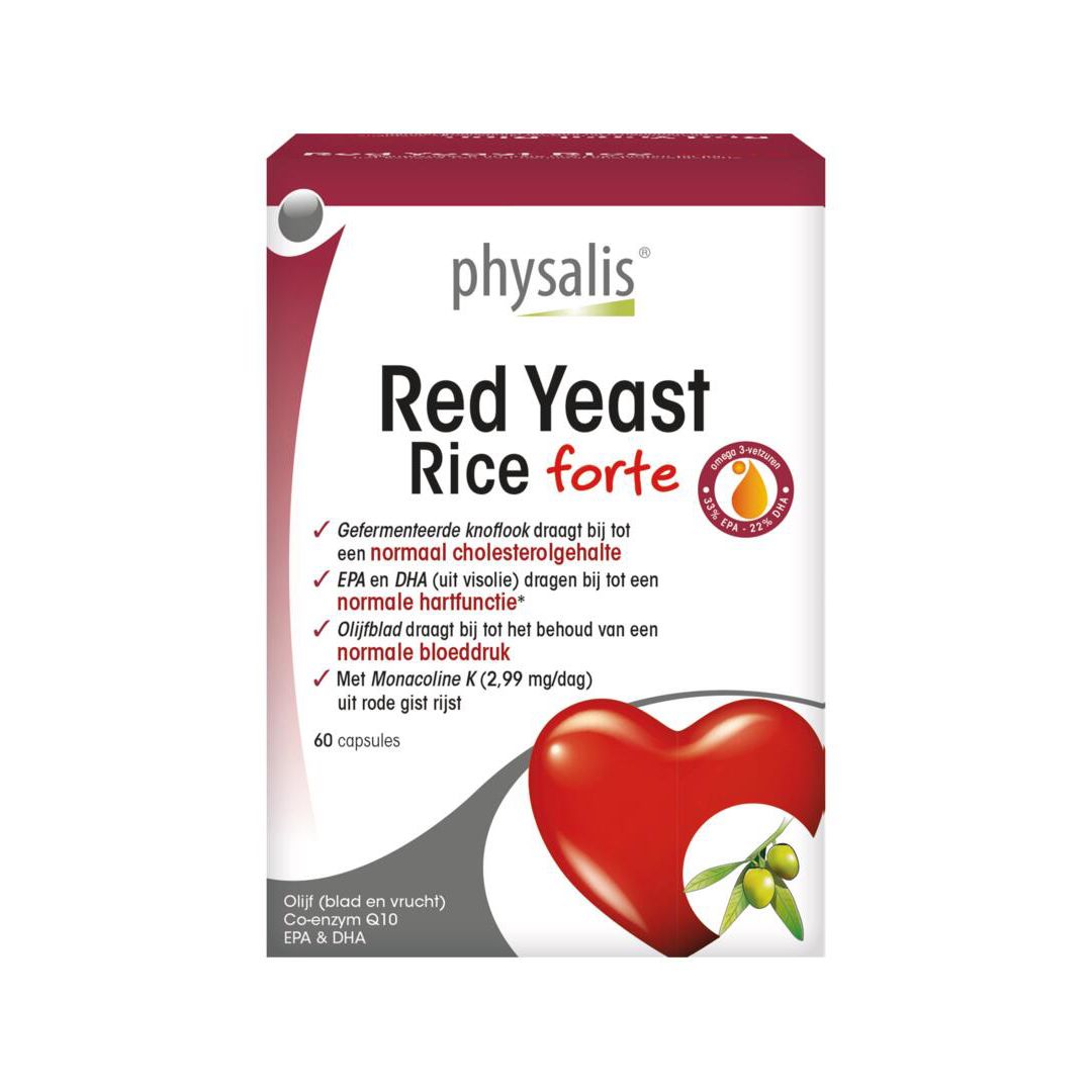 Doos Physalis® Red Yeast Rice forte. Rood en wit. Bevat 60 capsules. Hart- en olijf-illustratie.