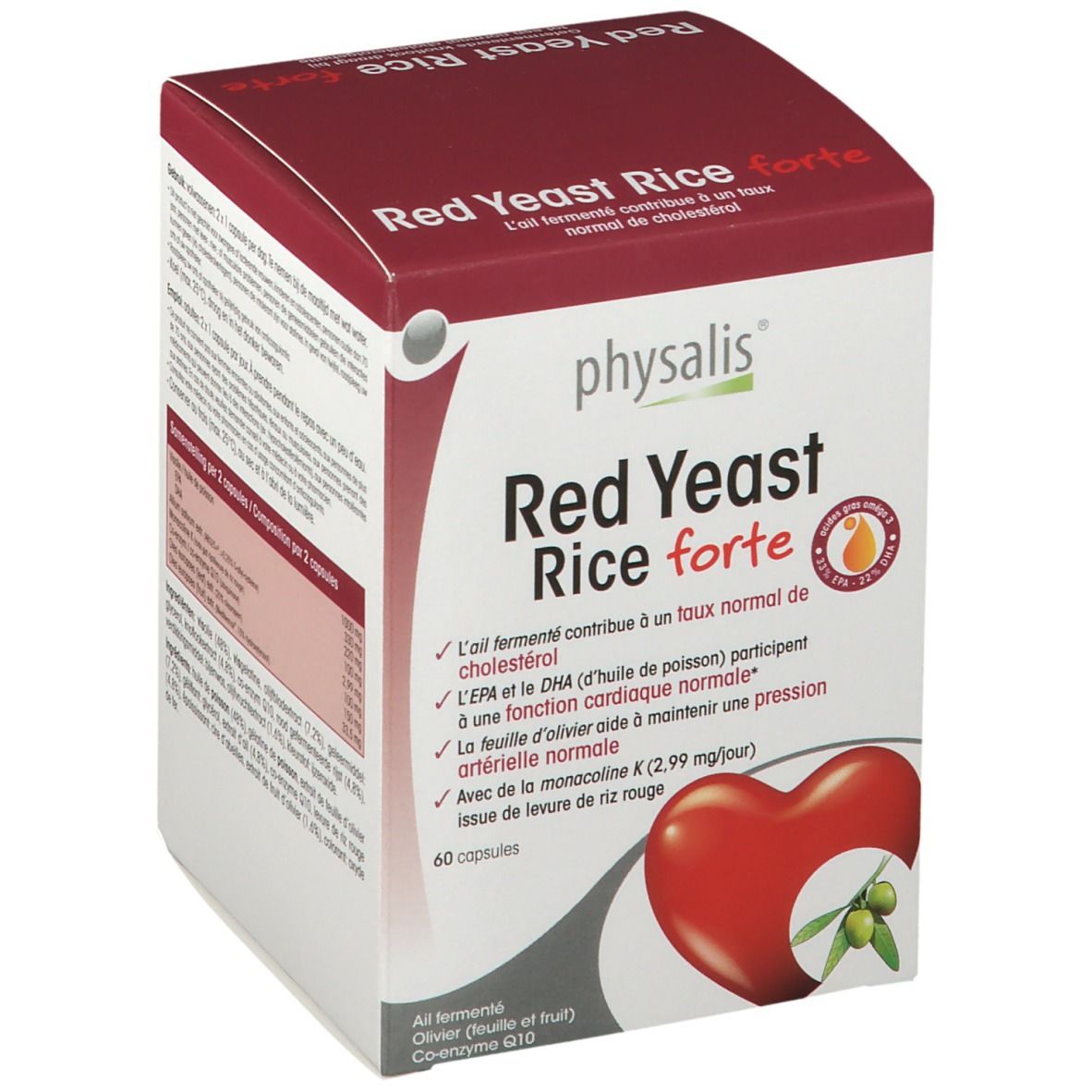 Doos Physalis® Red Yeast Rice forte. Rood en wit. Bevat 60 capsules. Hart- en olijf-illustratie.