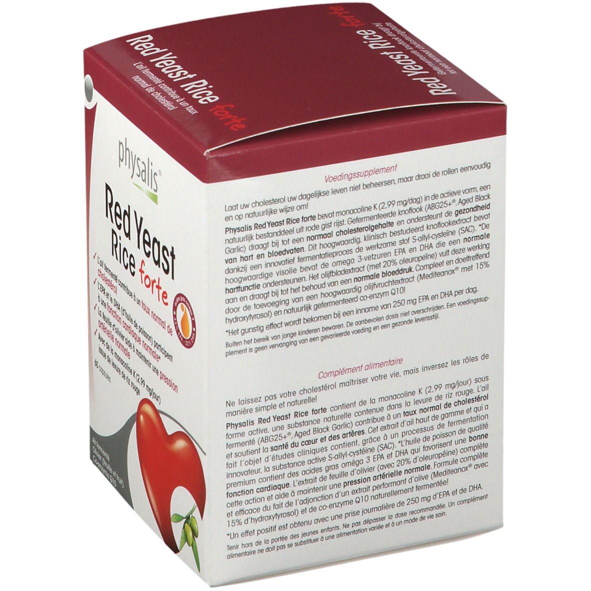 Doos Physalis® Red Yeast Rice forte. Tekst in het Nederlands. Bevat 60 capsules. Hart- en olijf-illustratie.