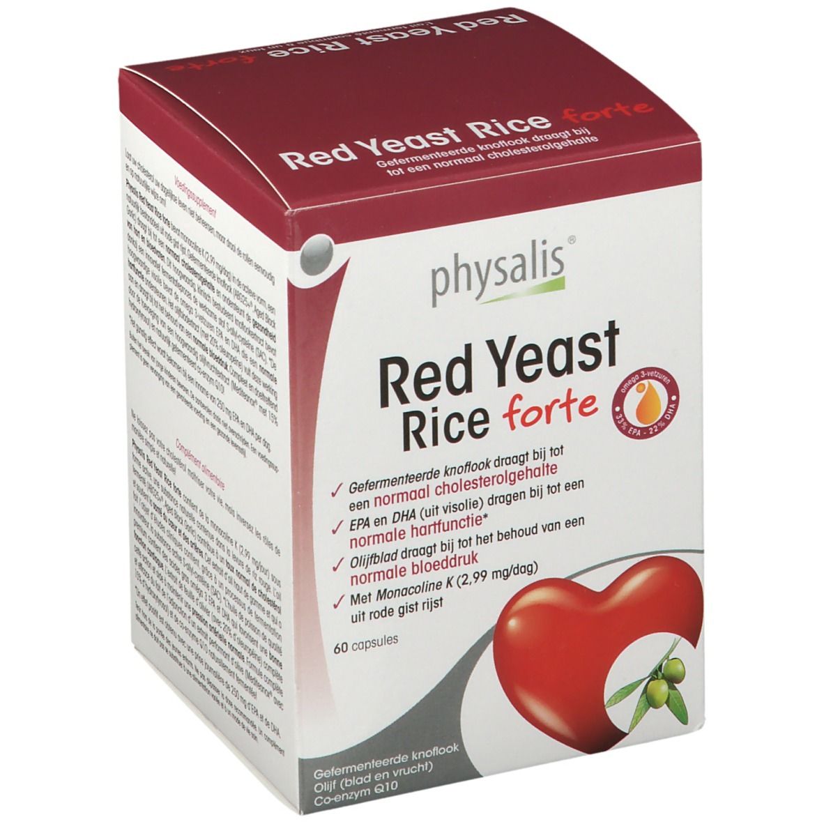Doos Physalis® Red Yeast Rice forte. Tekst in het Nederlands. Bevat 60 capsules. Hart- en olijf-illustratie.