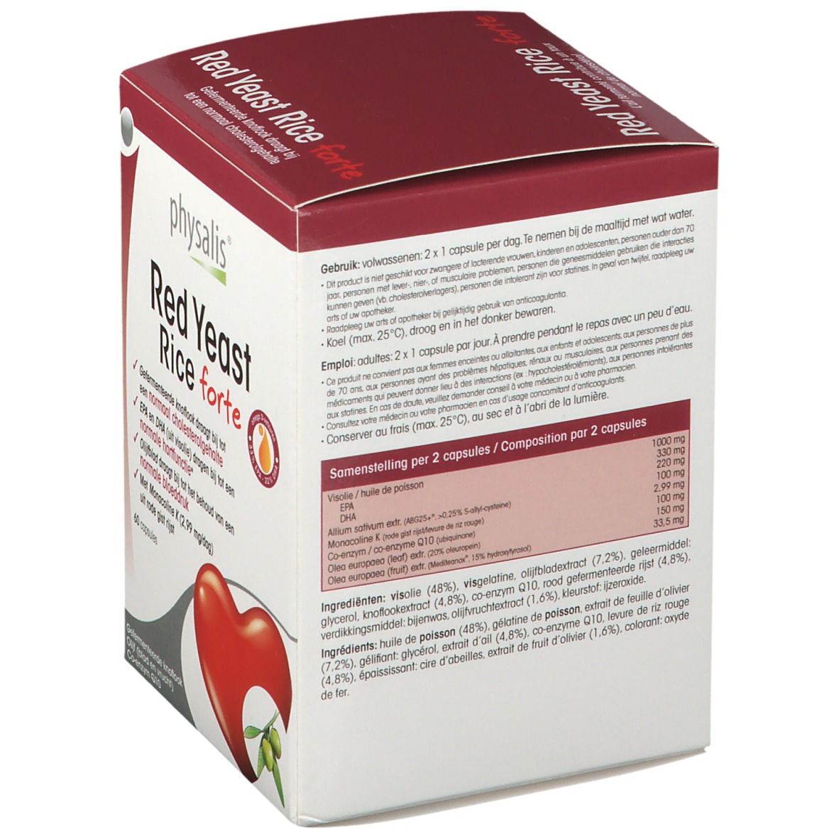 Doos Physalis® Red Yeast Rice forte. Tekst in het Nederlands. Bevat 60 capsules. Hart- en olijf-illustratie.
