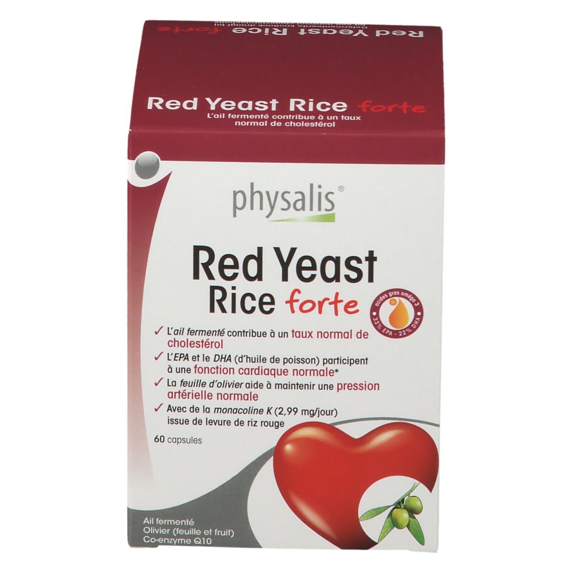 Doos Physalis® Red Yeast Rice forte. Rood en wit. Bevat 60 capsules. Hart- en olijf-illustratie.