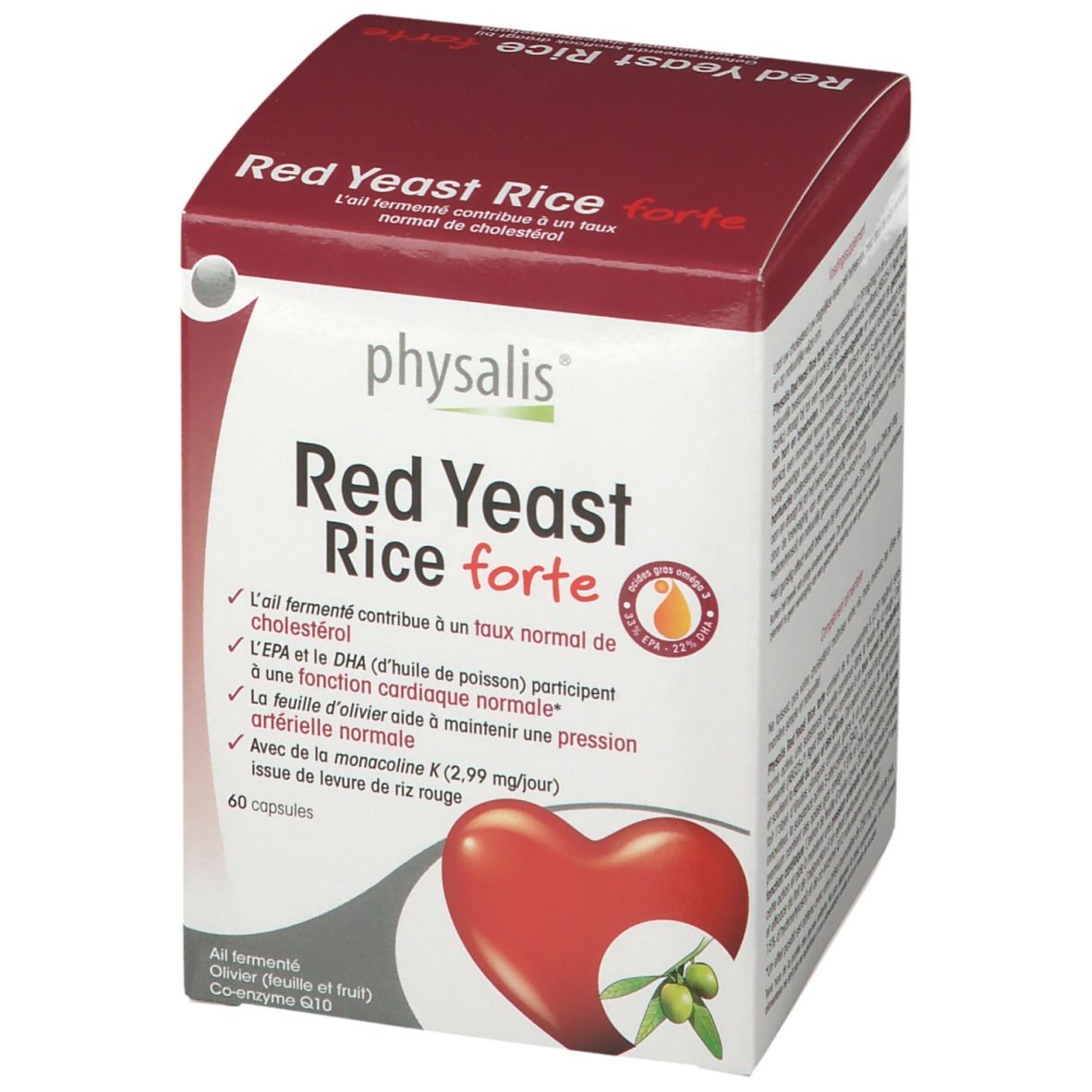 Doos Physalis® Red Yeast Rice forte. Rood en wit. Bevat 60 capsules. Hart- en olijf-illustratie.