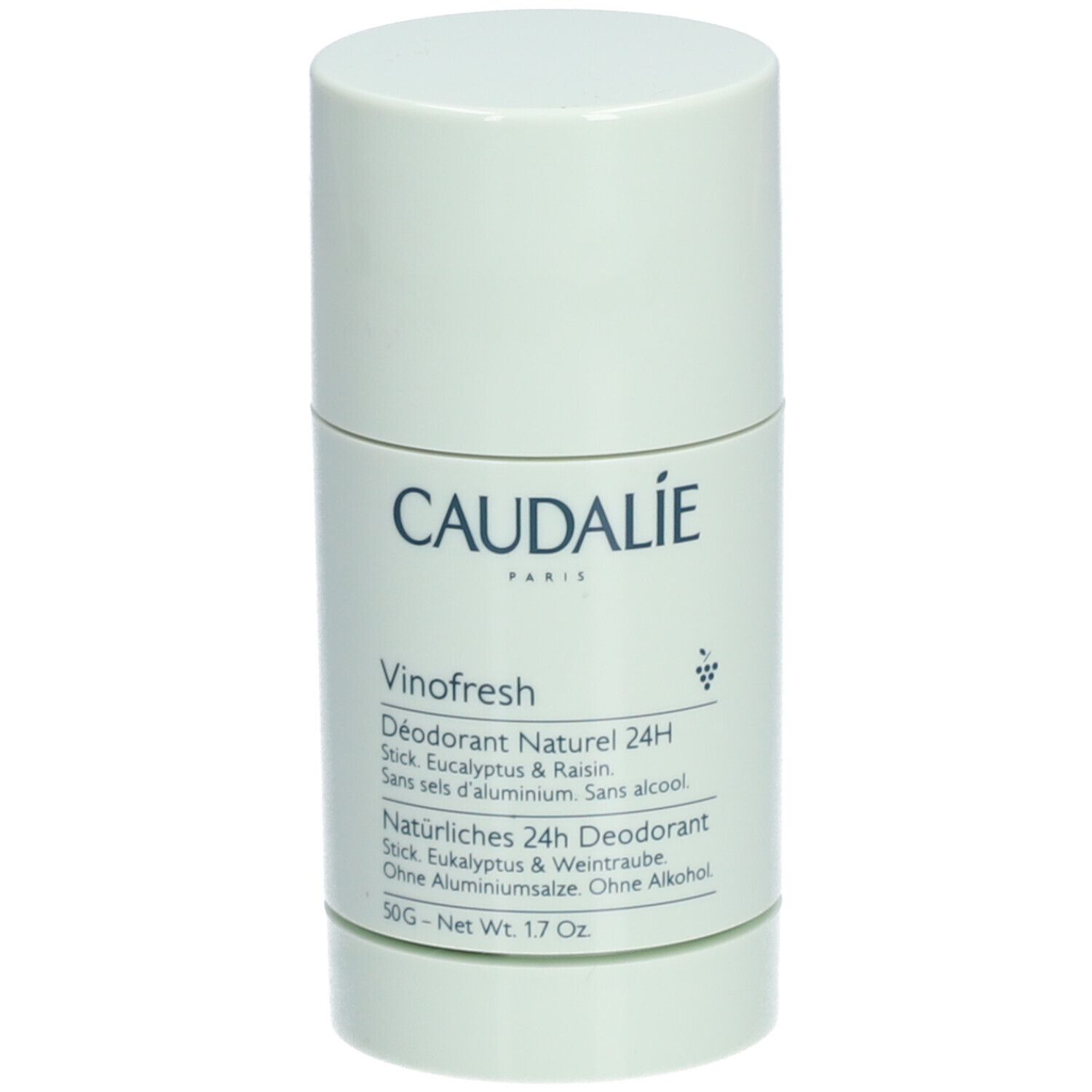 Zylindrischer Deostick. Weißer Deckel, hellgrüner Behälter. CAUDALIE-Logo und Produktbezeichnung. Text: Vinofresh, Déodorant Naturel 24H.