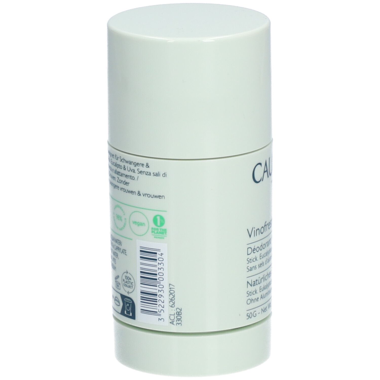 Deostick, Rückseite. Hellgrüner Behälter. Text: Vegan-Siegel, 0% Inhaltsstoffe, 24h Deodorant. Inhaltsstoffe und Herstellerinformationen.