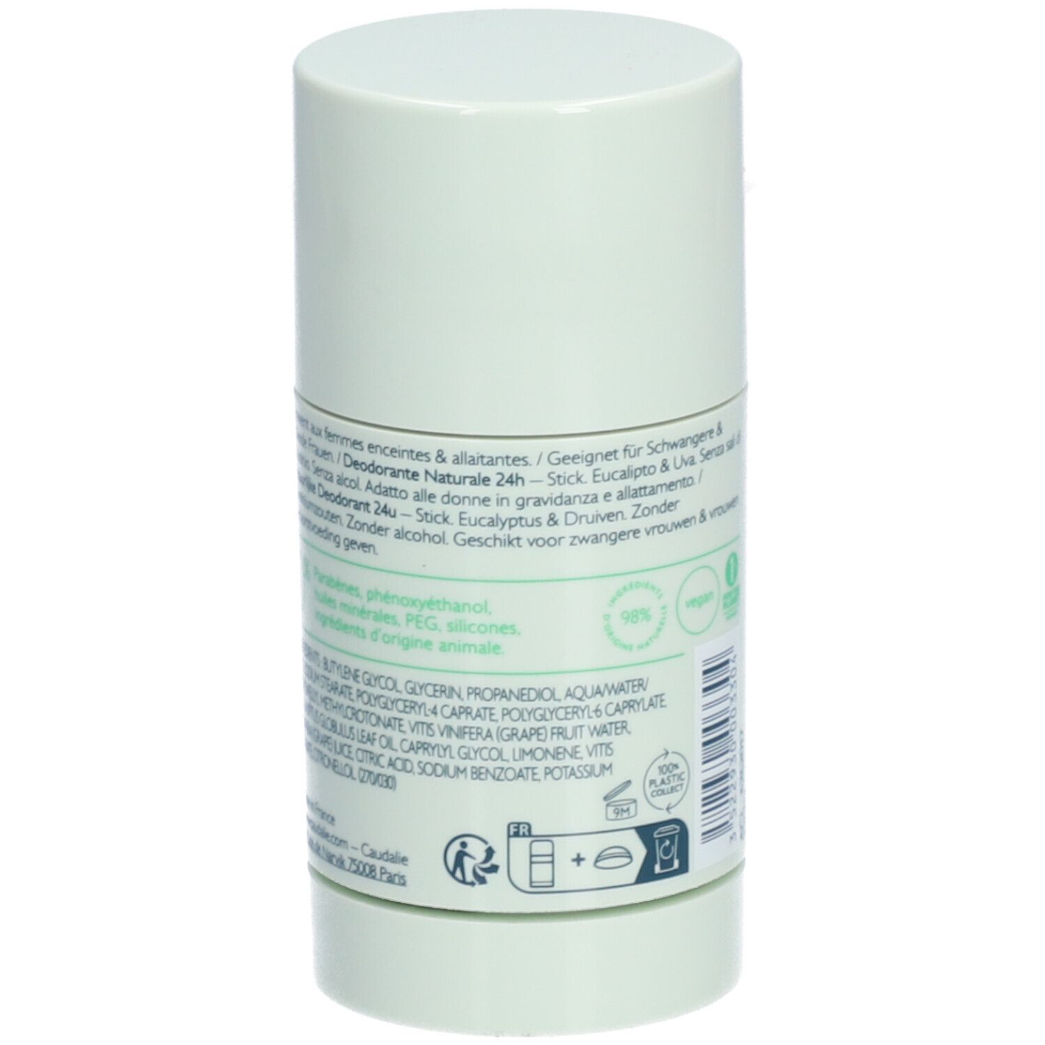 Rückseite des Deosticks. Hellgrüner Behälter. Text: Inhaltsstoffe, Herstellerinformationen, Vegan-Siegel, 0% Inhaltsstoffe, 24h Deodorant.