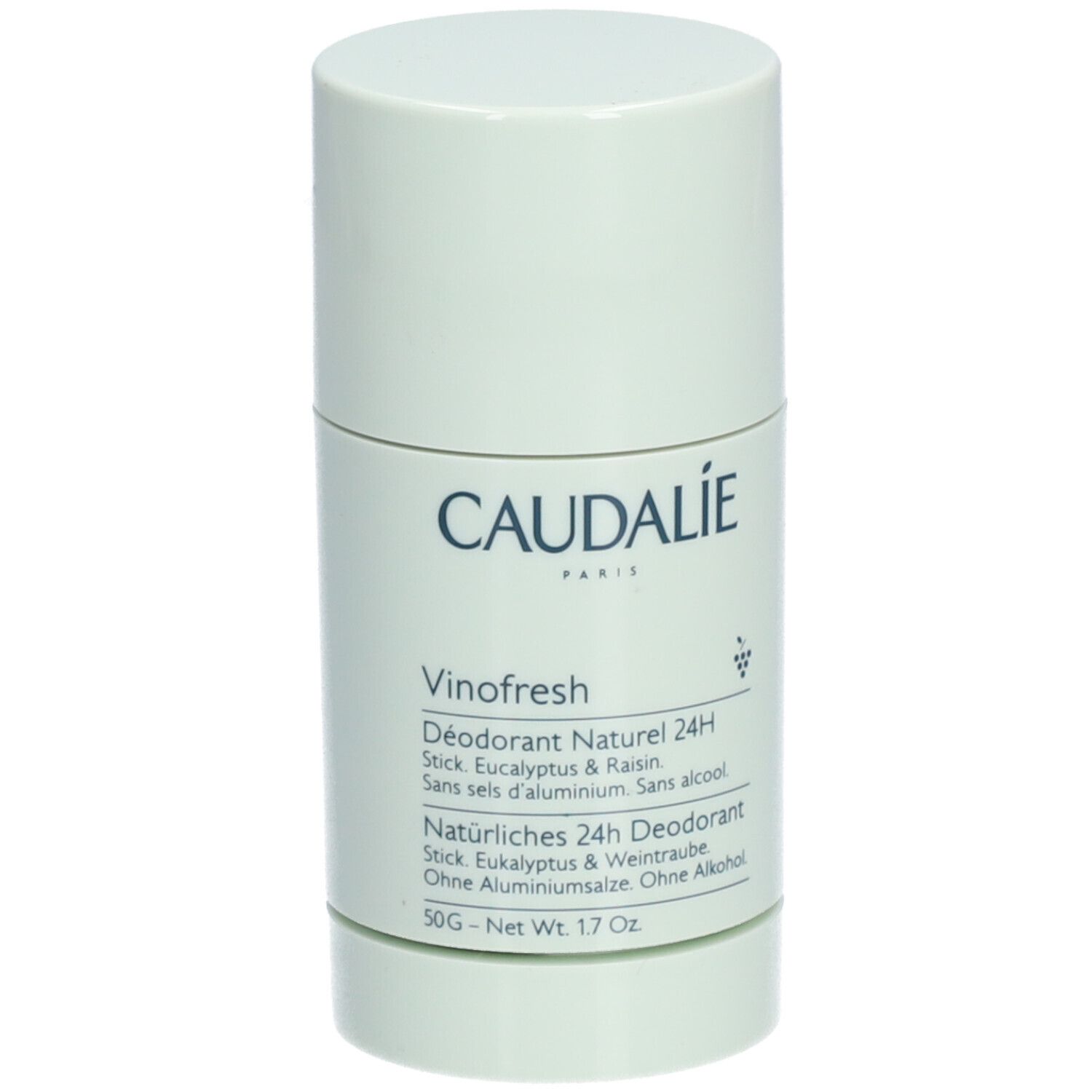 Zylindrischer Deostick. Weißer Deckel, hellgrüner Behälter. CAUDALIE-Logo und Produktbezeichnung. Text: Vinofresh, Déodorant Naturel 24H.