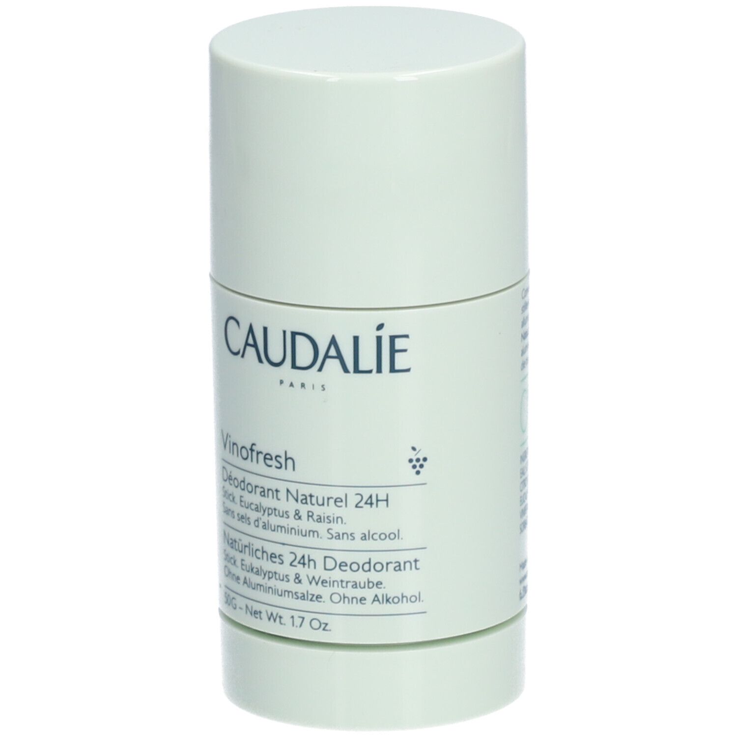 Zylindrischer Deostick. Weißer Deckel, hellgrüner Behälter. CAUDALIE-Logo und Produktbezeichnung. Text: Vinofresh, Déodorant Naturel 24H.