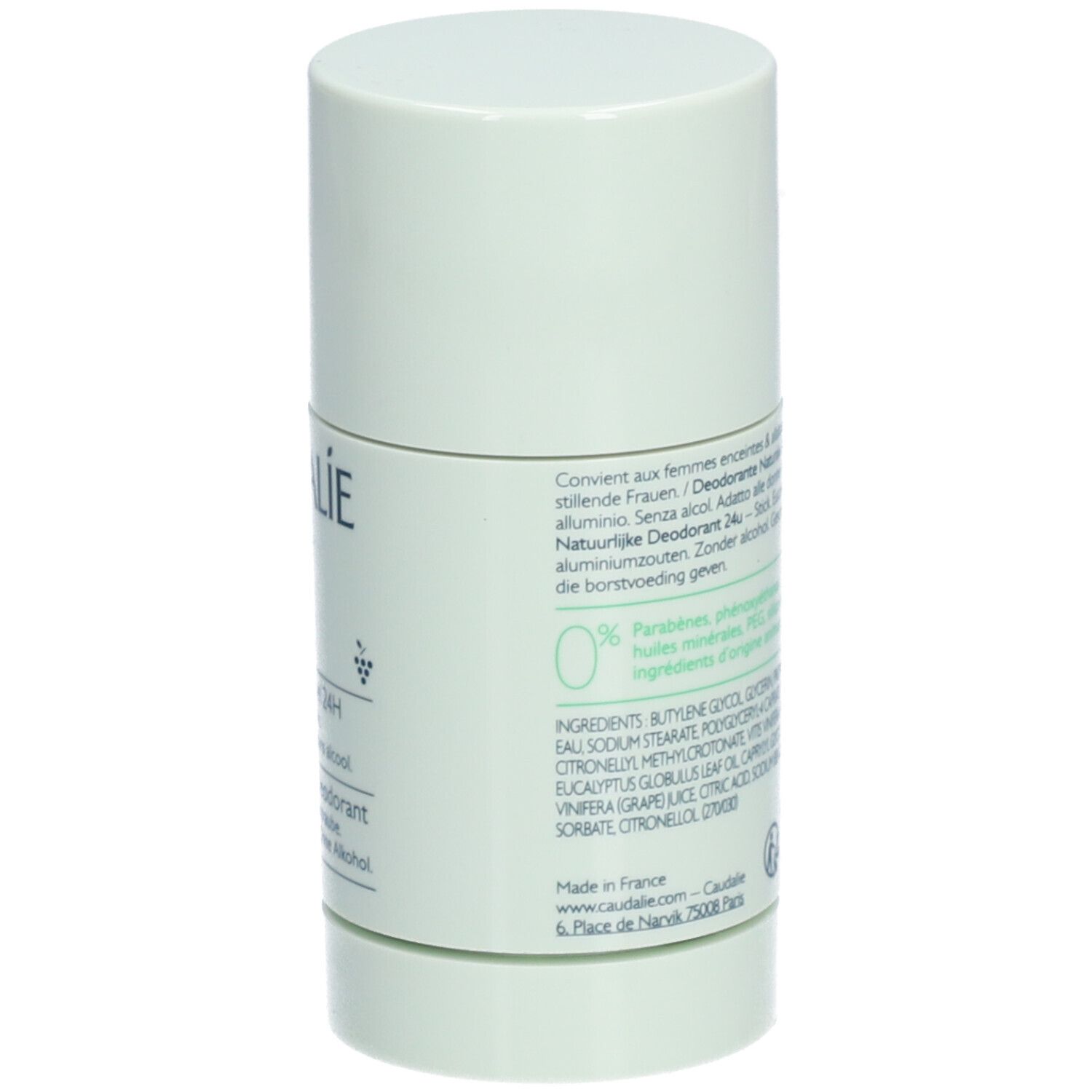 Rückseite des Deosticks. Hellgrüner Behälter. Text: Inhaltsstoffe, Herstellerinformationen, Vegan-Siegel, 0% Inhaltsstoffe, 24h Deodorant.