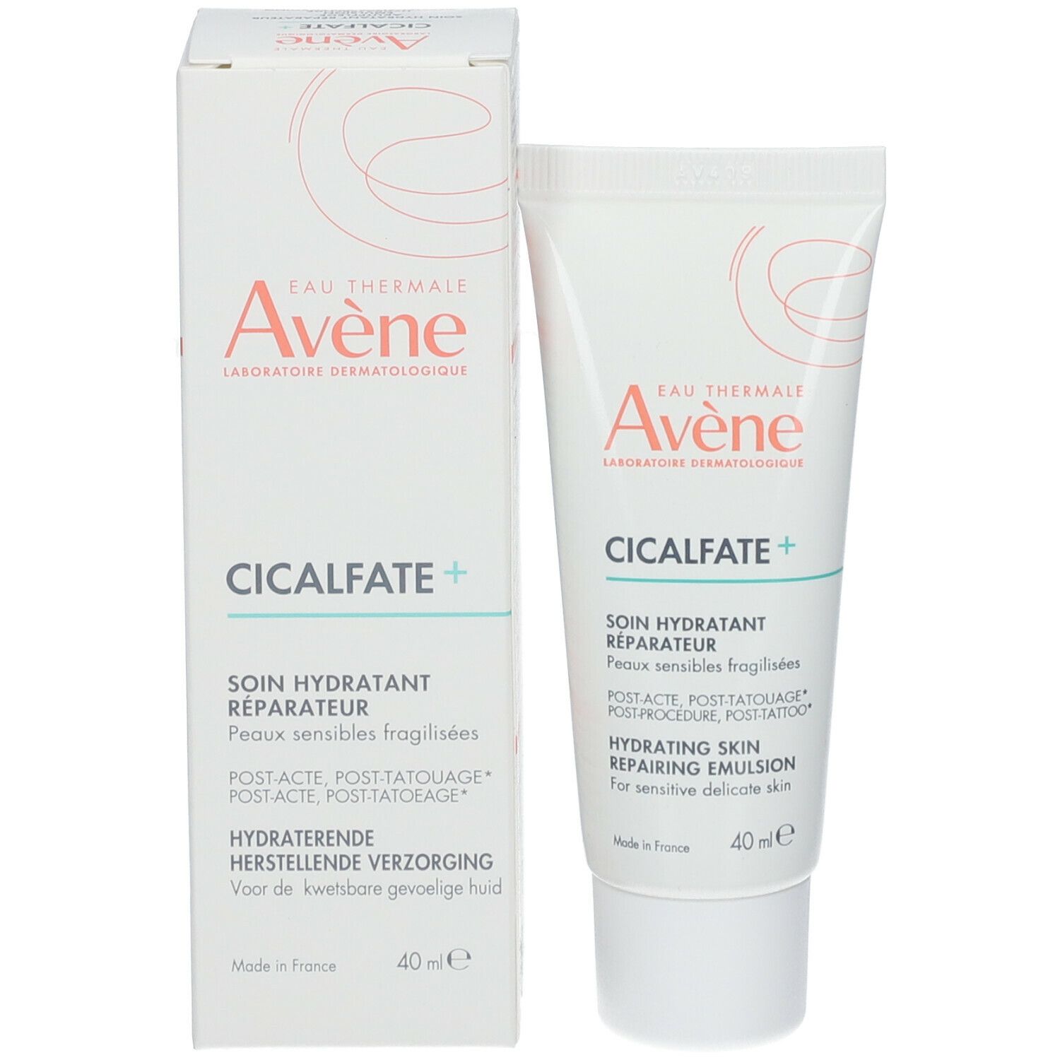 Emballage du produit: tube et boîte. Les deux avec logo Avène et Cicalfate+. 40 ml. Texte: Soin Hydratant Réparateur.