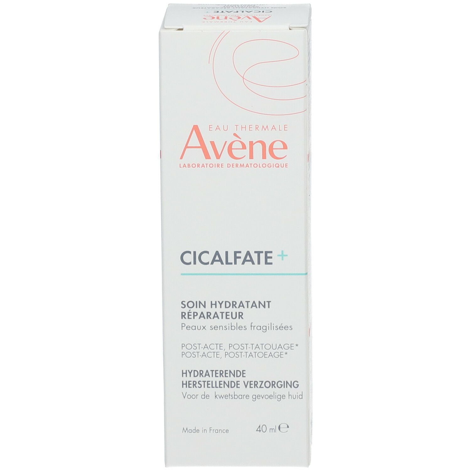 Boîte blanche avec logo Avène et Cicalfate+. Texte: Soin Hydratant Réparateur. 40 ml. Herstellende verzorging.