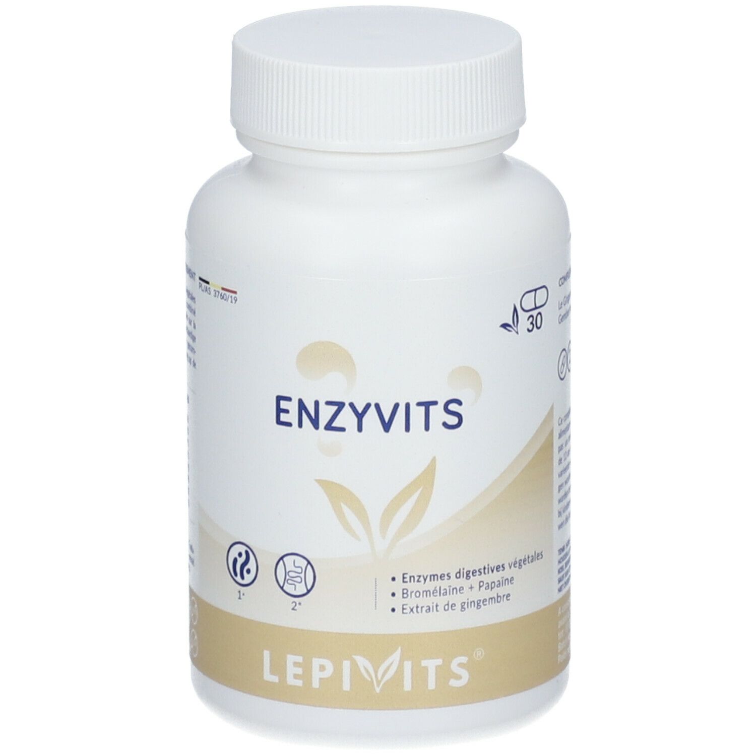 Witte fles LEPIVITS Enzyvits. Opschrift ENZYVITS en ingrediënten. Dop boven.