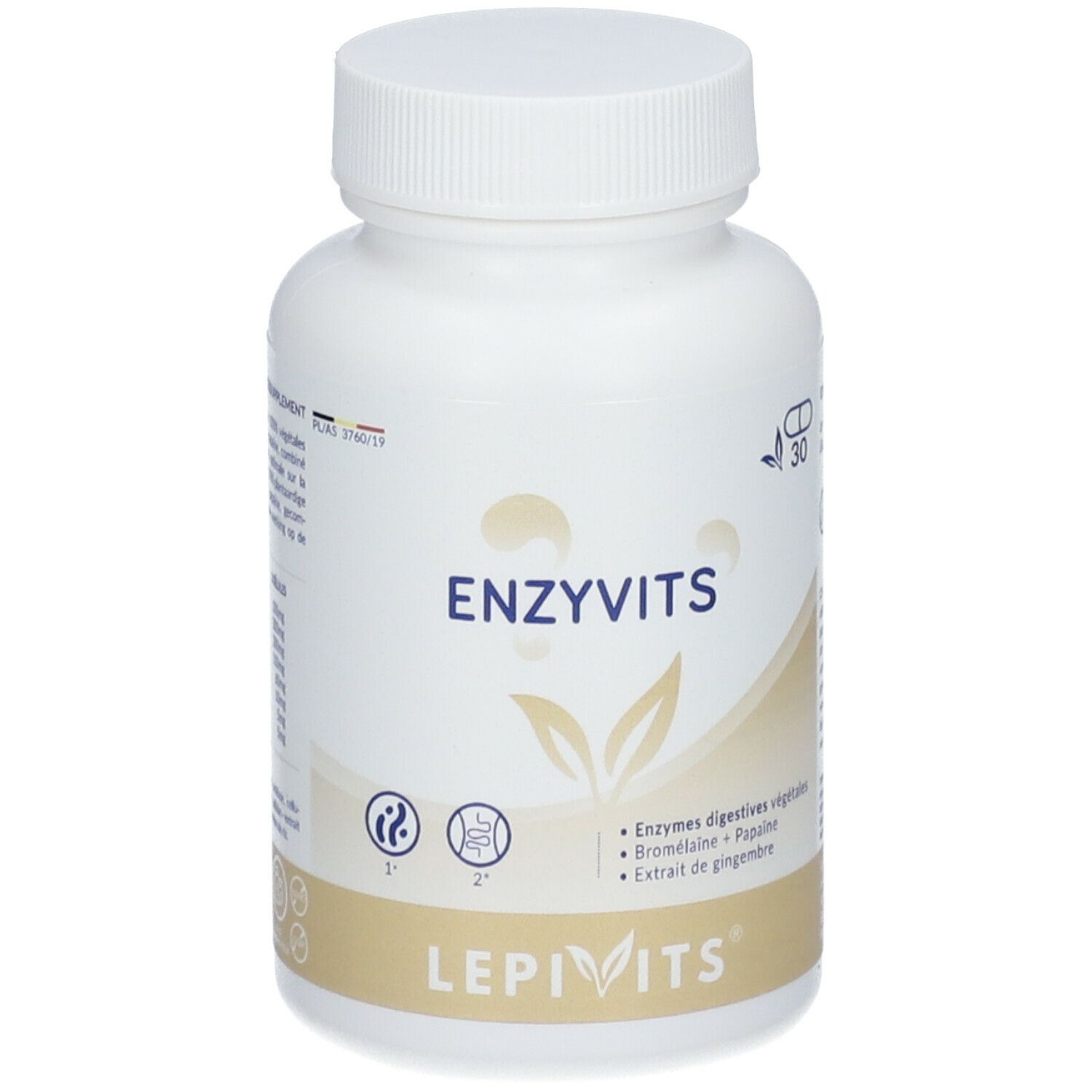 Witte fles LEPIVITS Enzyvits. Opschrift ENZYVITS en ingrediënten. Dop boven.