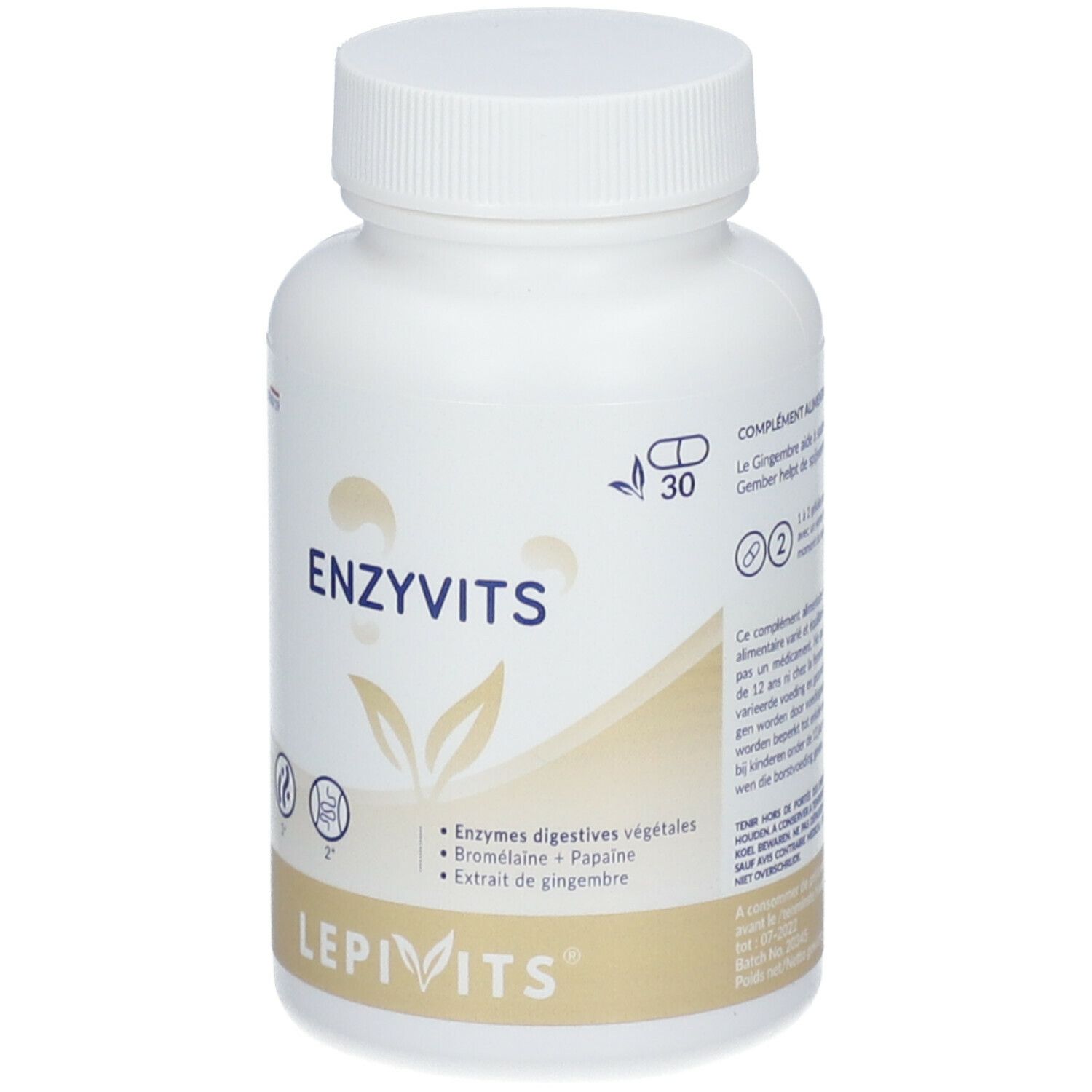 Witte fles LEPIVITS Enzyvits. Opschrift ENZYVITS en ingrediënten. Dop boven.