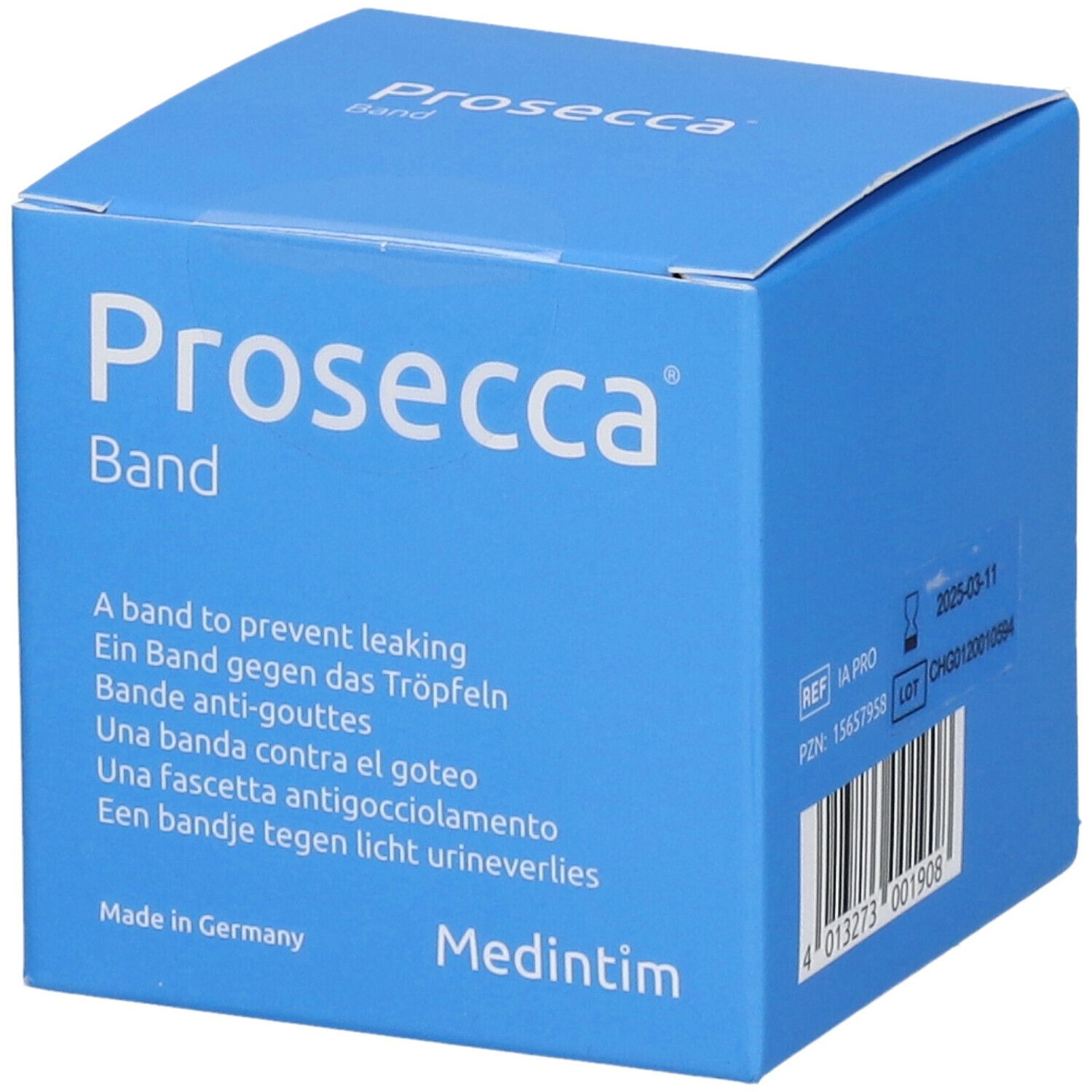 Blauwe doos met "Prosecca Band". Tekst: A band to prevent leaking. Medintim logo. Made in Germany. Barcode en info.