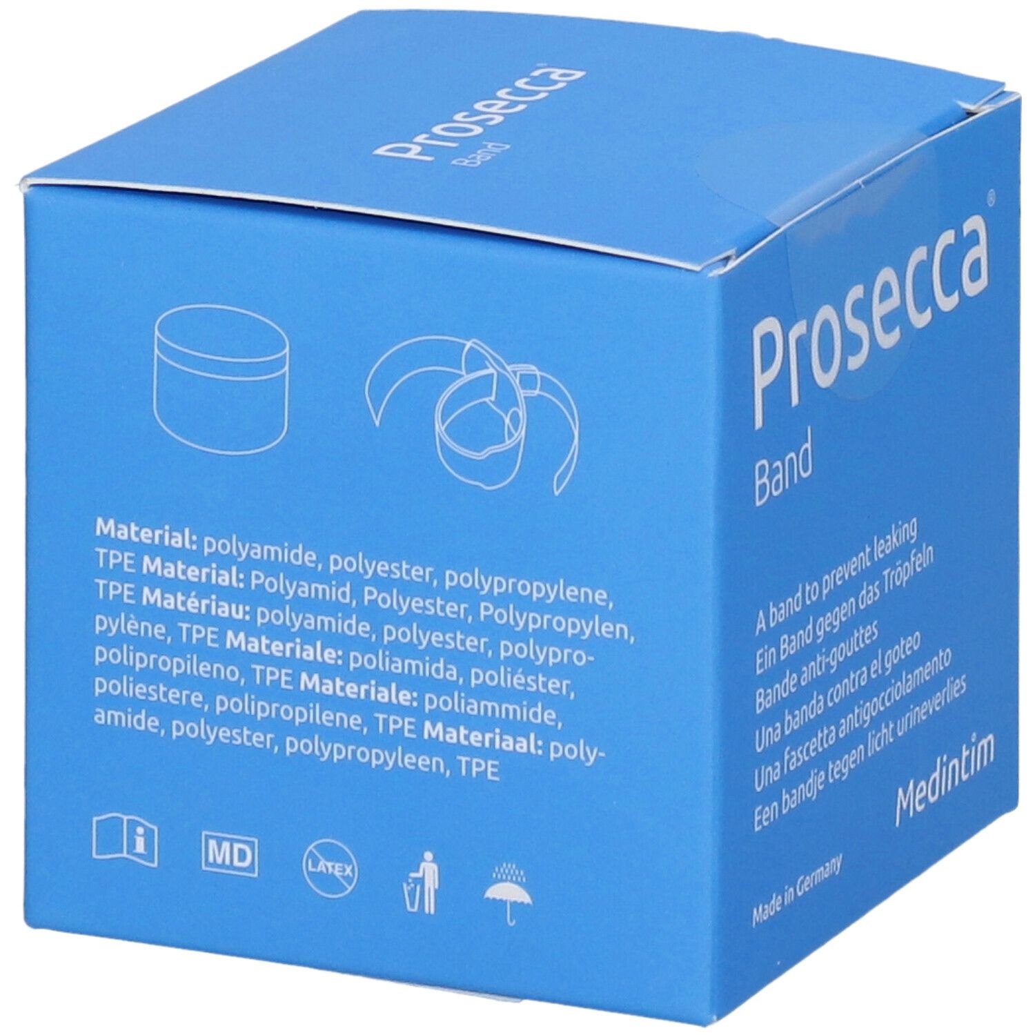 Blauwe doos "Prosecca Band". Materialen. Logo's: MD, recycling. Medintim logo. Made in Germany.
