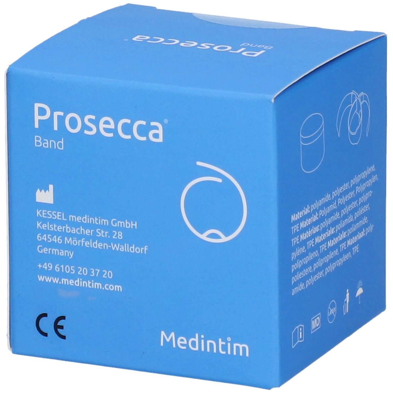 Blauwe doos "Prosecca Band". Adres en contactgegevens Medintim. CE-markering.