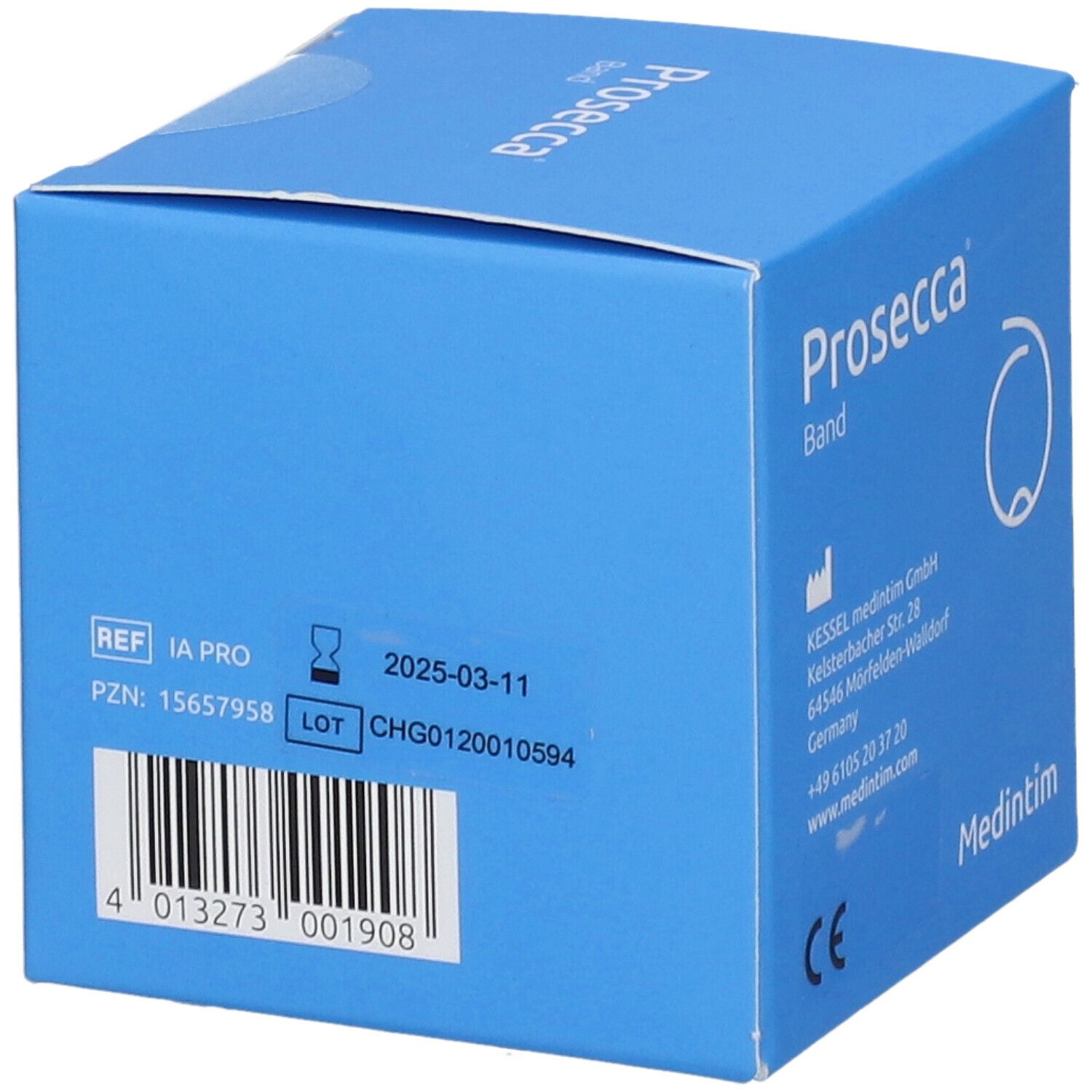 Blauwe doos "Prosecca Band". Referentienummers, vervaldatum, lotnummer. Barcode.