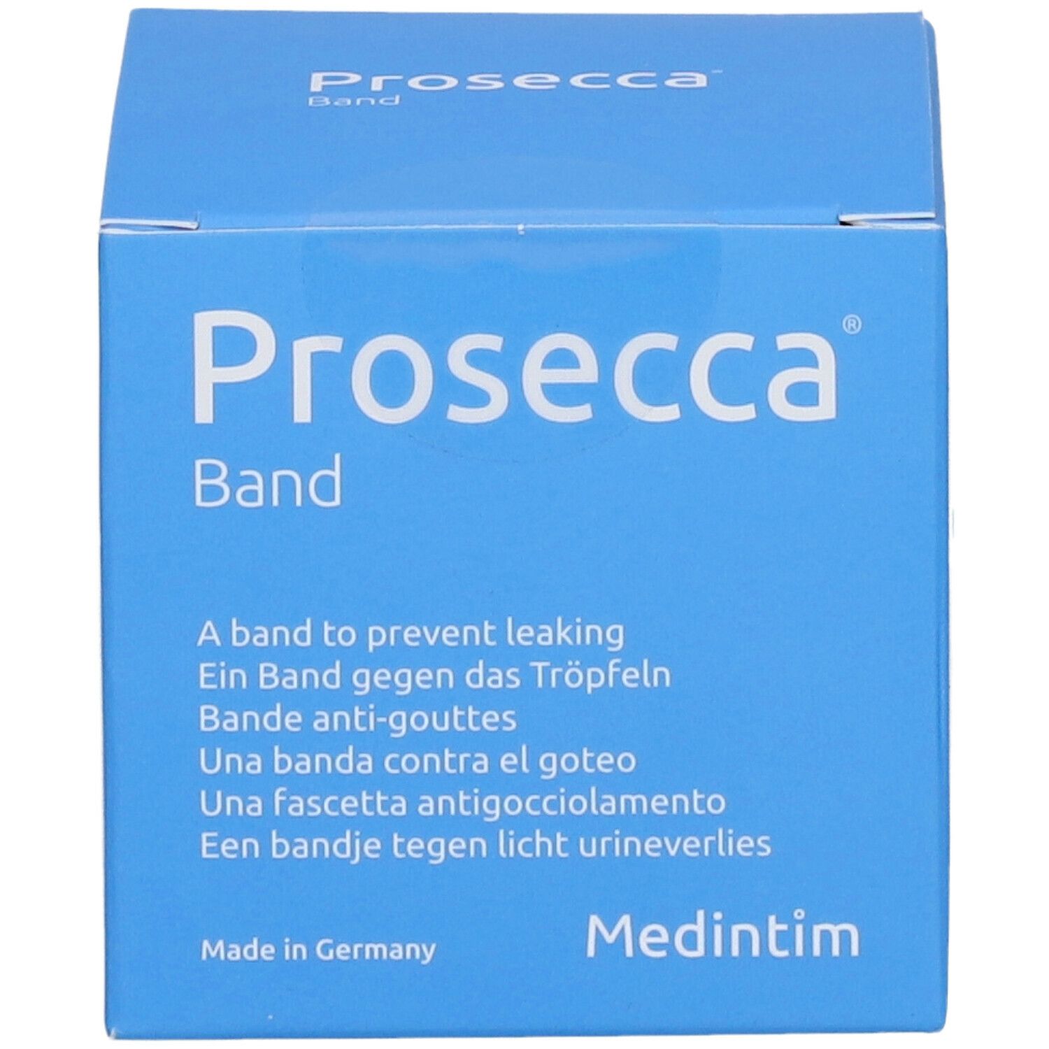 Blauwe doos "Prosecca Band". Tekst: A band to prevent leaking. Medintim logo. Made in Germany.