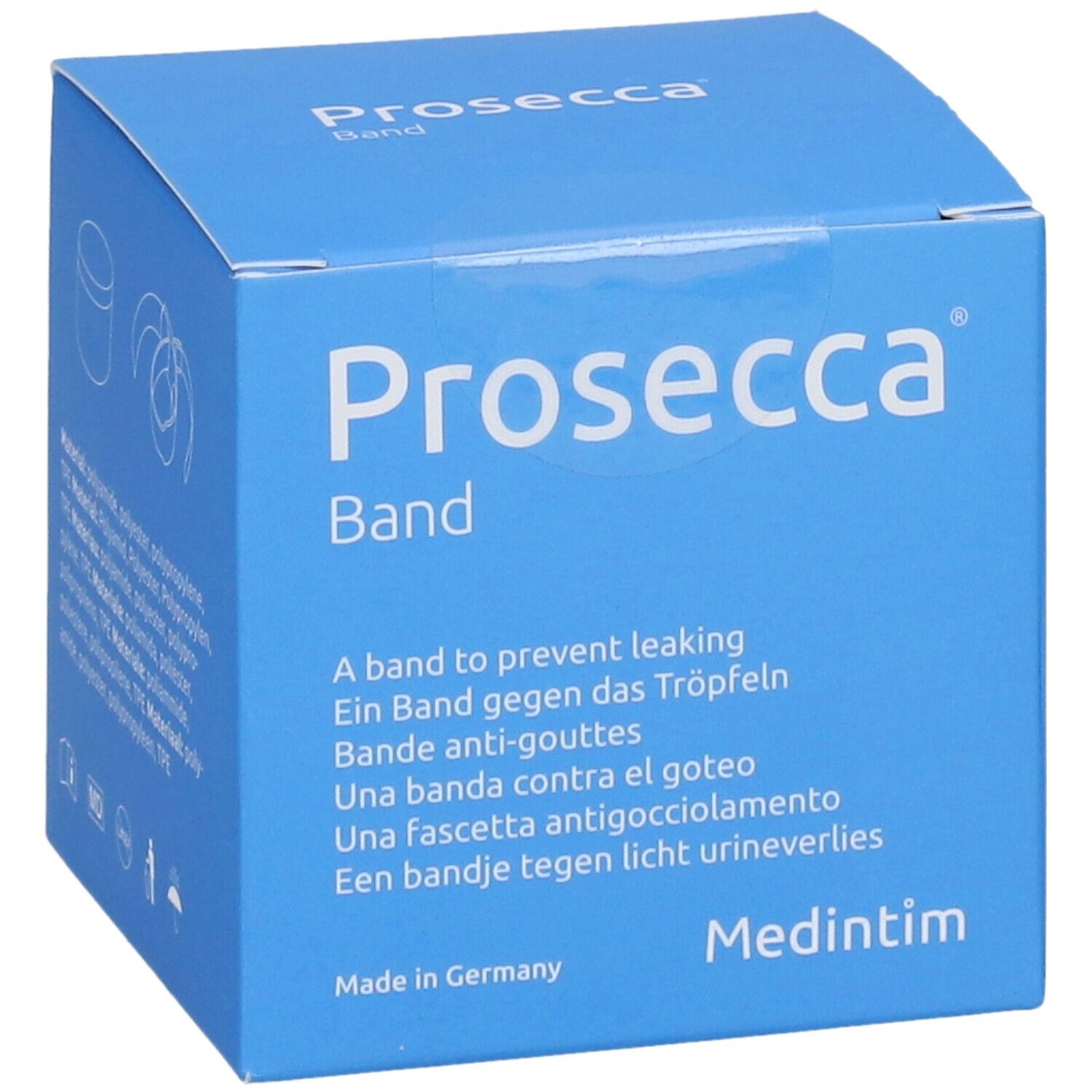 Blauwe doos "Prosecca Band". Tekst: A band to prevent leaking. Medintim logo.