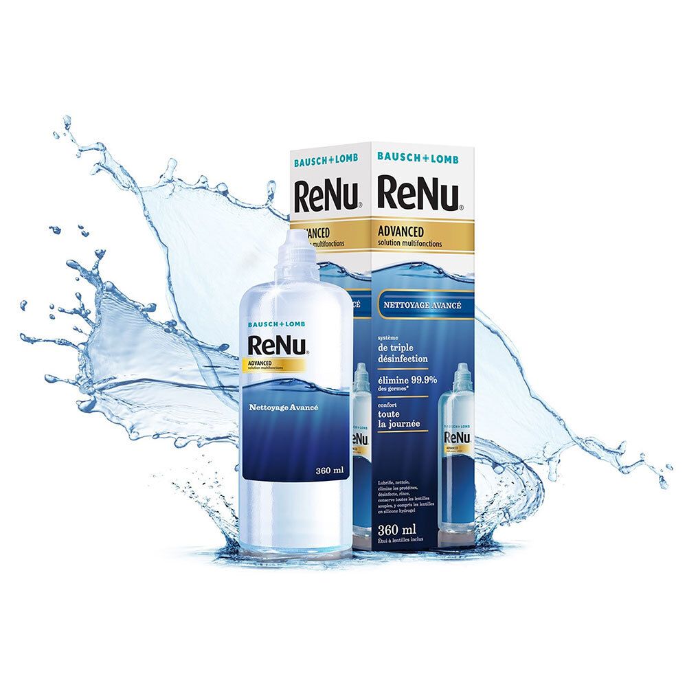 Bausch + Lomb ReNu Advanced. Flasche und Verpackung. Reinigungslösung für Kontaktlinsen. Wasserspritzer.
