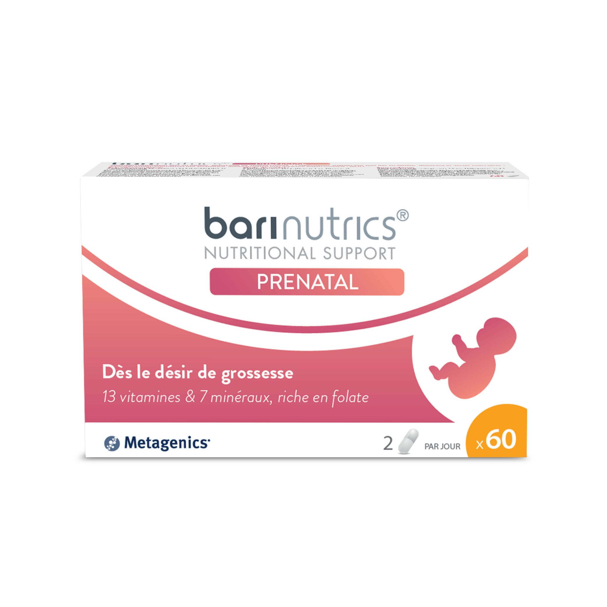Boîte blanche Barinutrics Prenatal. Contient 60 gélules. Inscriptions multilingues.