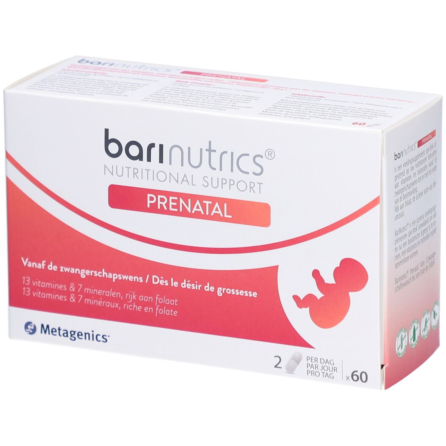 Boîte blanche Barinutrics Prenatal. Contient 60 gélules. Inscriptions multilingues.