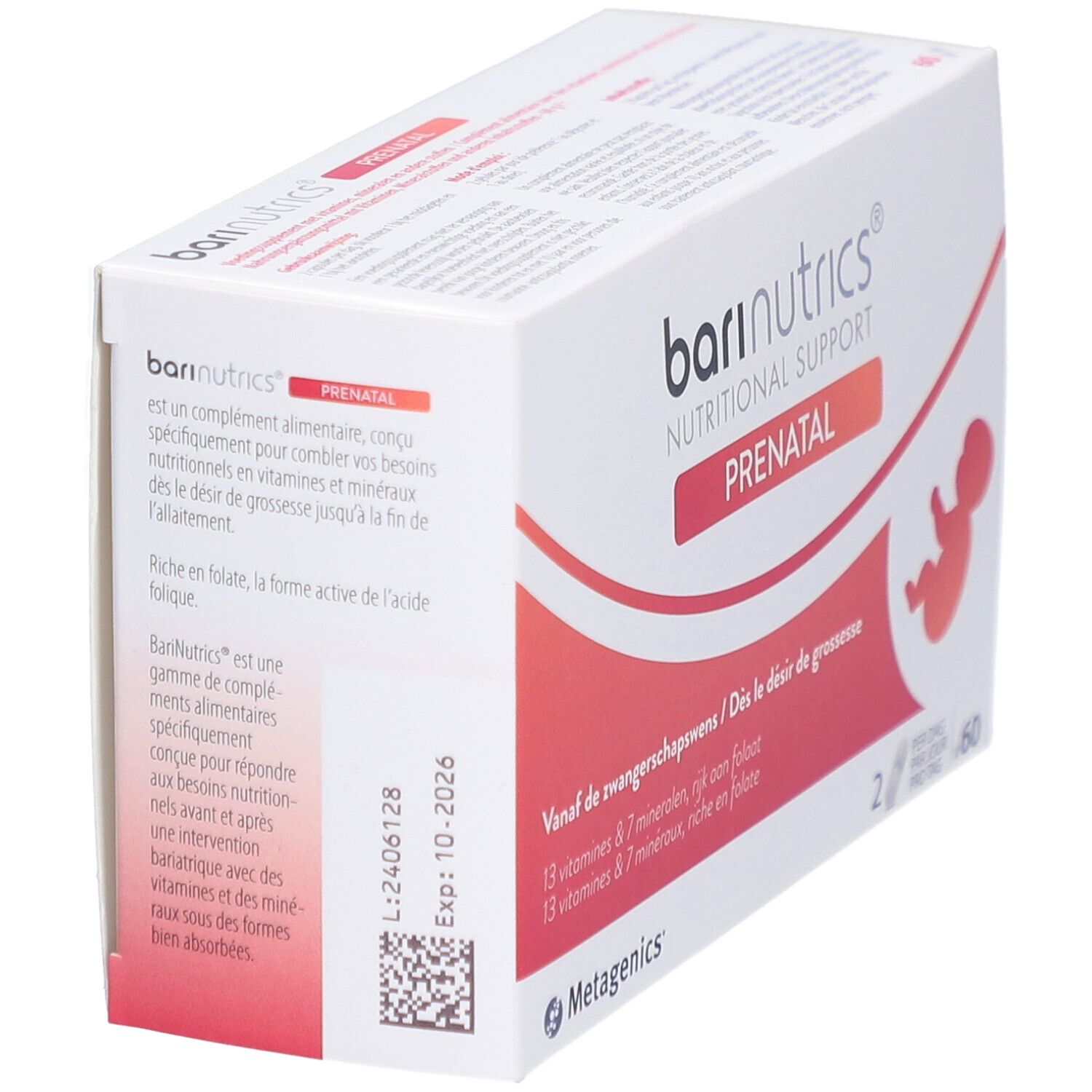 Boîte Barinutrics Prenatal. Contient 60 gélules. Inscriptions multilingues. Expire le 10-2026.
