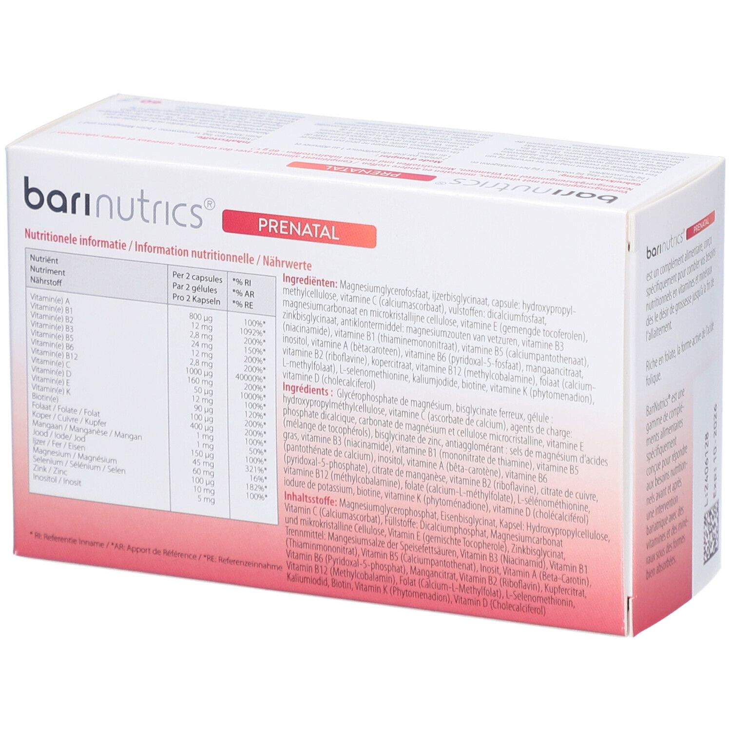 Dos de l'emballage Barinutrics Prenatal. Contient des informations nutritionnelles et des ingrédients.