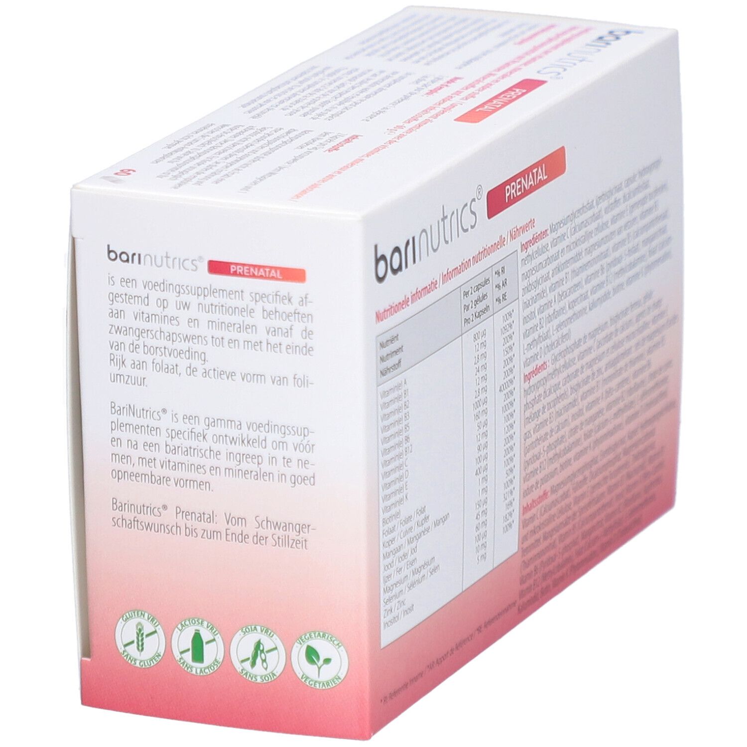 Dos de l'emballage Barinutrics Prenatal. Contient des informations sur le produit.