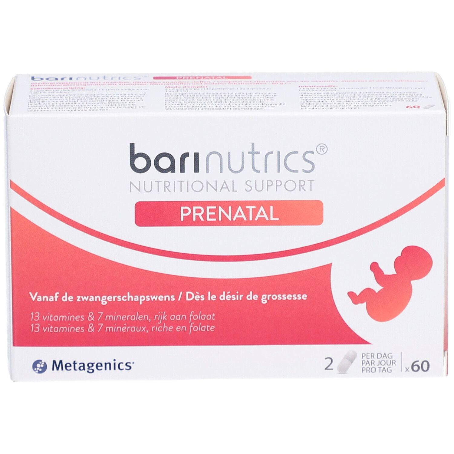 Boîte blanche Barinutrics Prenatal. Contient 60 gélules. Inscriptions multilingues.