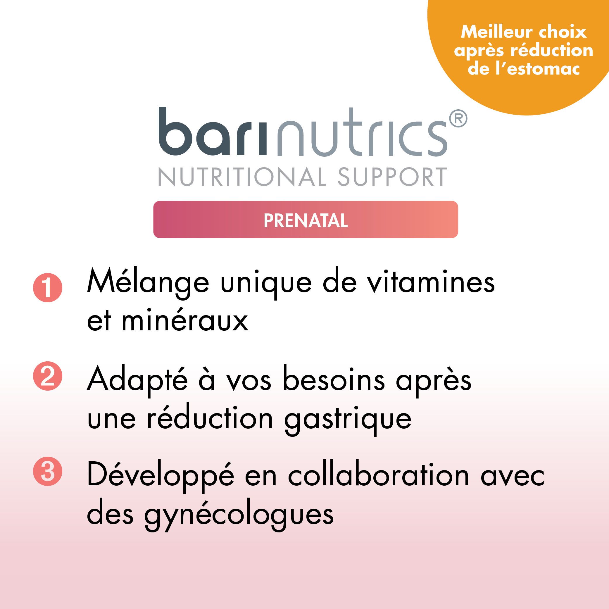 Infographie : Barinutrics Prenatal. Mélange unique de vitamines et minéraux.