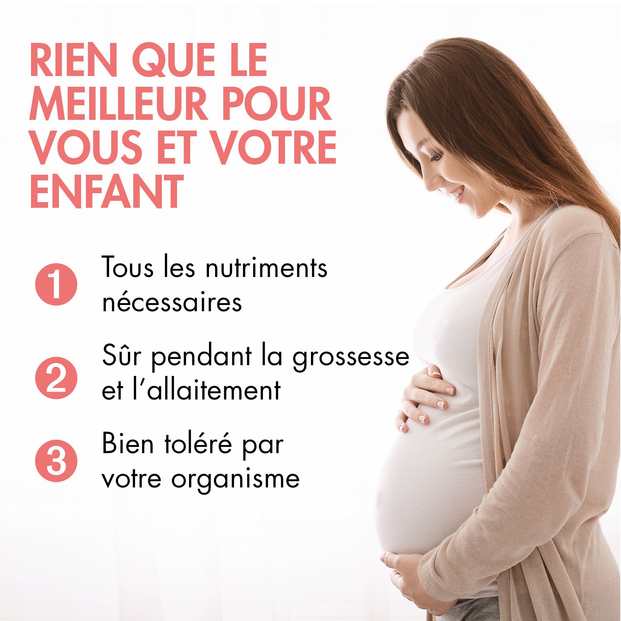 Infographie : Barinutrics Prenatal. Tous les nutriments nécessaires. Sûr pendant la grossesse.