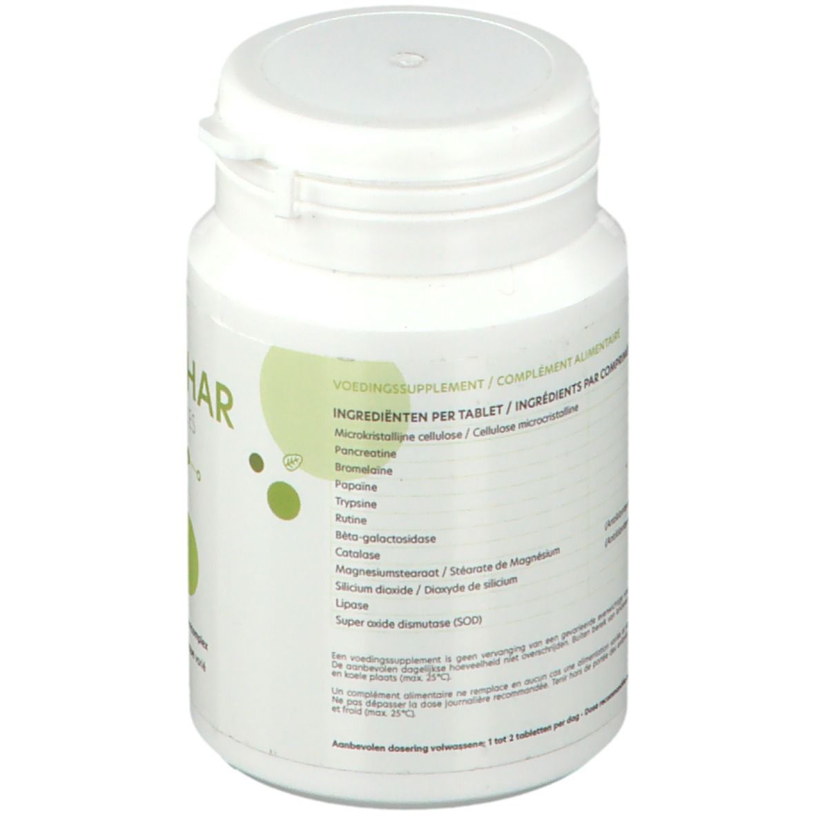 Achterkant van de witte fles. Ingrediëntenlijst: Microkristallijne cellulose, Pancreatine, Bromelaïne, Trypsine, Rutine, etc.