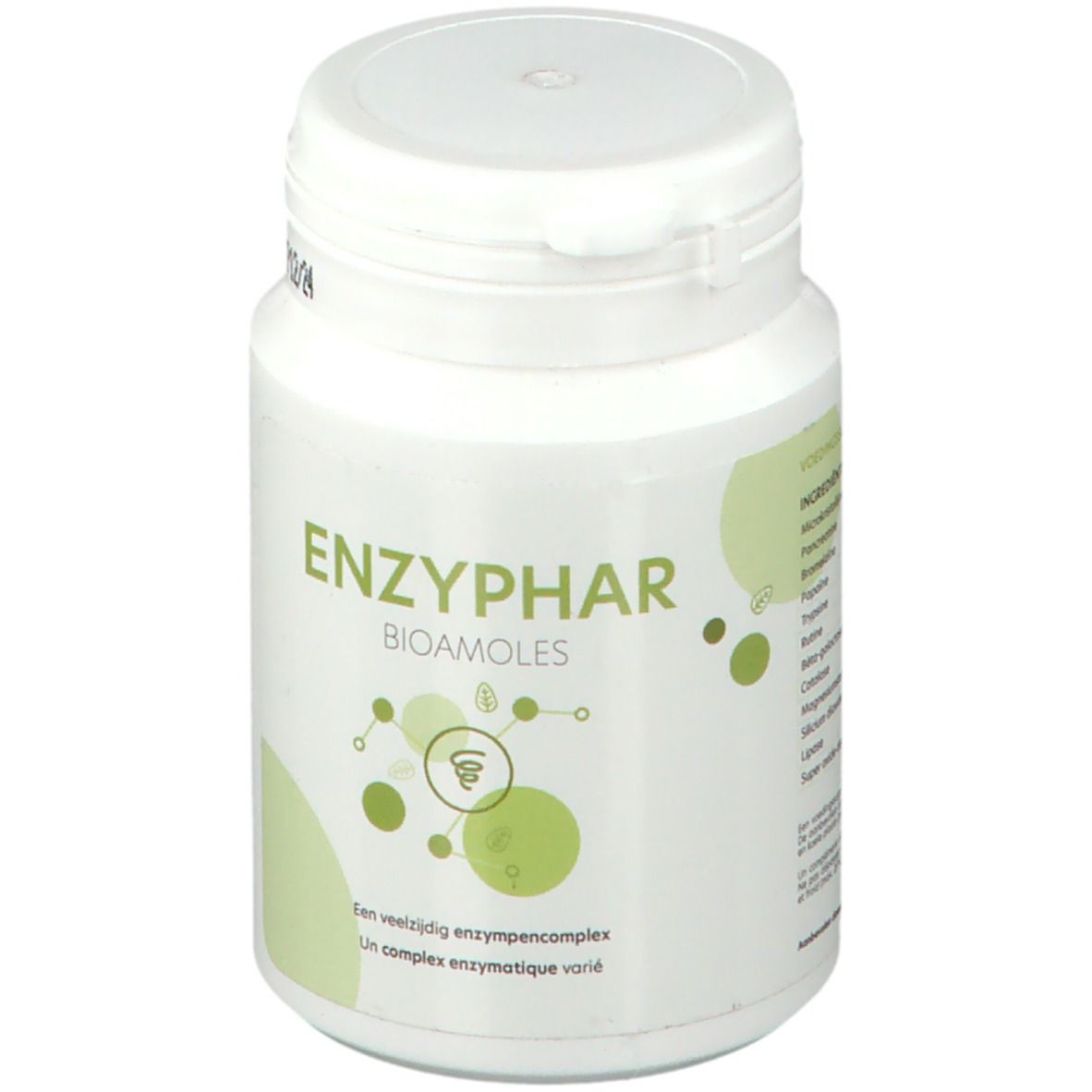 Witte fles met ENZYPHAR BIOAMOLES etiket. Groen design. Dop bovenop. Tekst: Een veelzijdig enzymencomplex, Un complexe enzymatique varié.