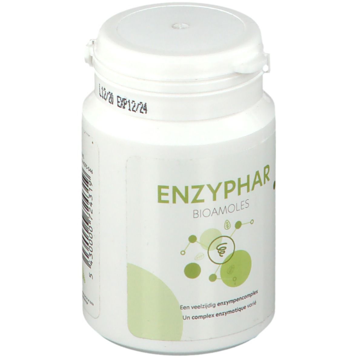 Witte fles met ENZYPHAR BIOAMOLES etiket. Groen design. Dop bovenop. Houdbaarheidsdatum: L12/20 EXP12/24.