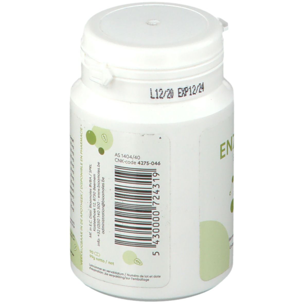 Witte fles met ENZYPHAR BIOAMOLES etiket. Groen design. Dop bovenop. Tekst en batchnummer.