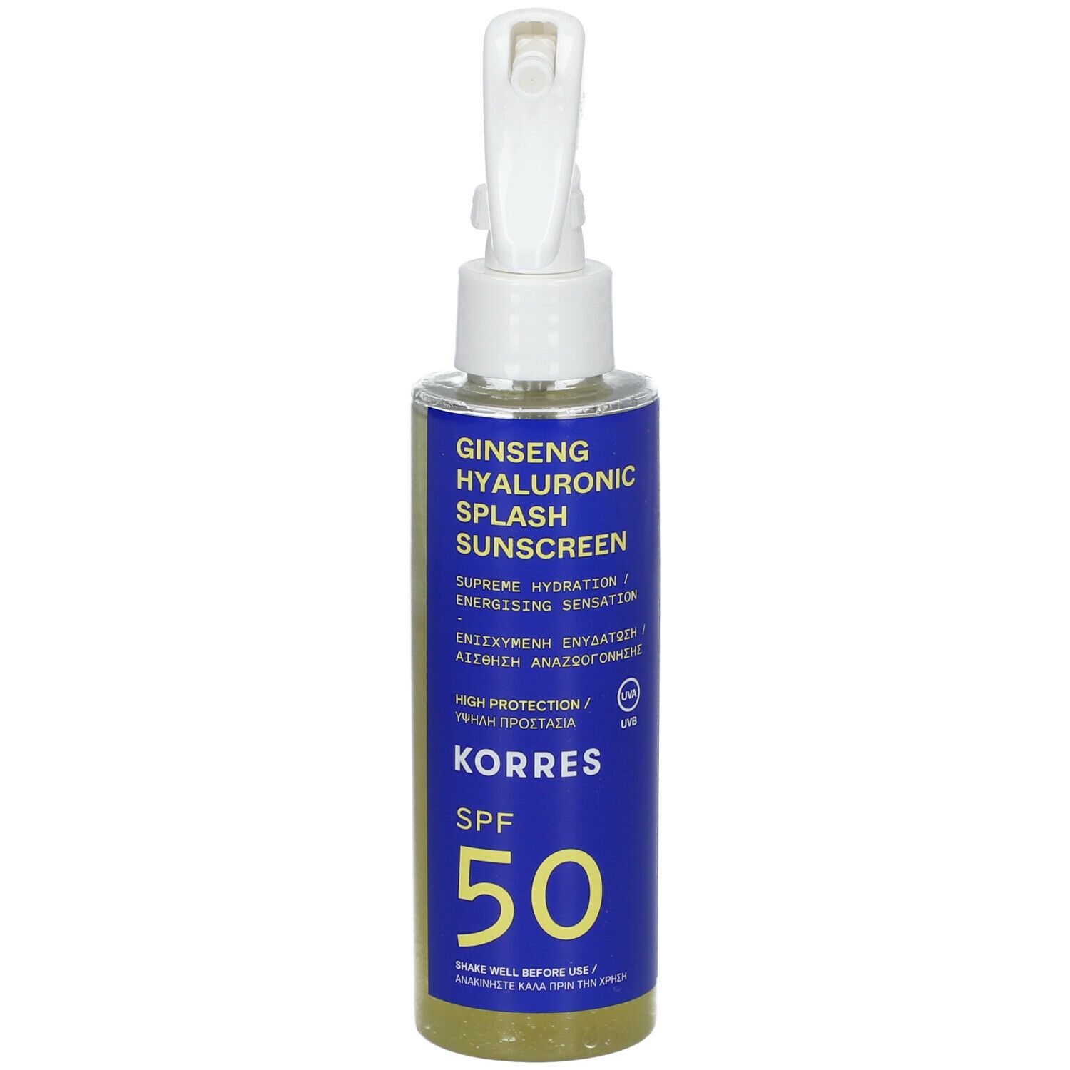 Sprayfles met witte sproeikop en blauw etiket. Tekst: Ginseng Hyaluronic Splash Sunscreen, SPF 50, KORRES.