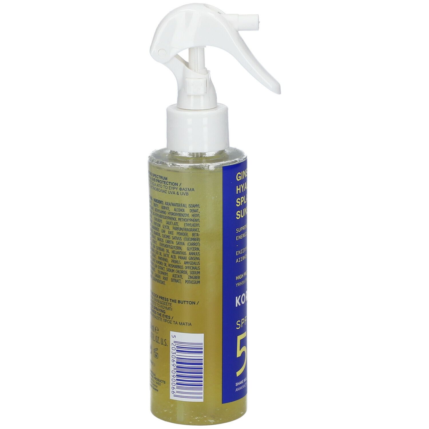 Sprayfles met witte sproeikop. Blauw etiket met tekst. Achterkant met ingrediënten en barcode.