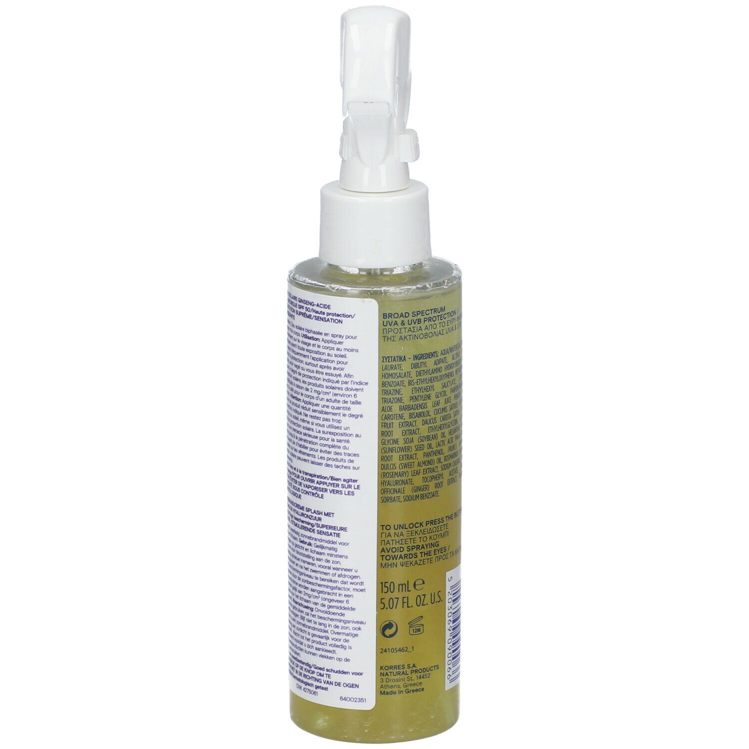 Sprayfles met witte sproeikop. Achterkant met tekst, ingrediënten en volume-aanduiding: 150 ml.
