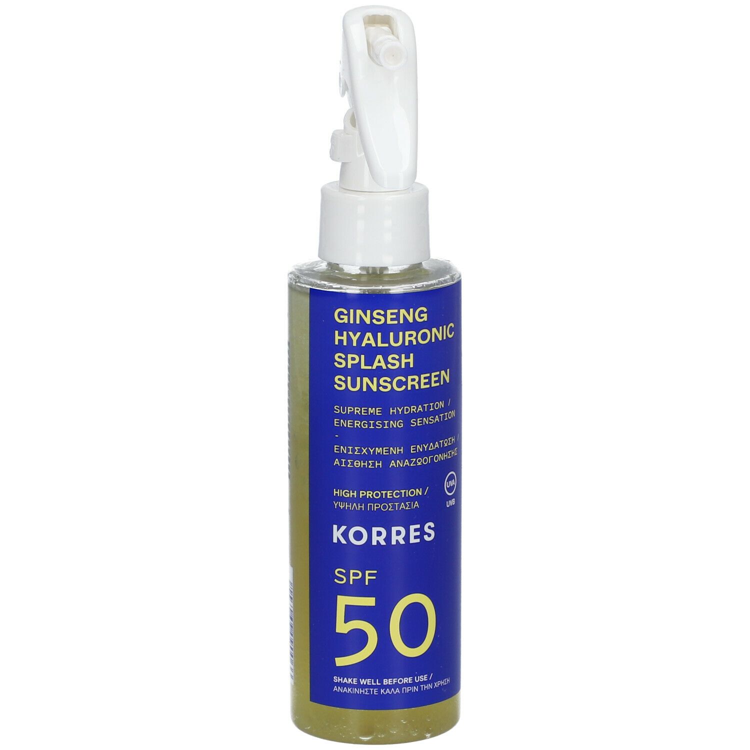 Sprayfles met witte sproeikop en blauw etiket. Tekst: Ginseng Hyaluronic Splash Sunscreen, SPF 50, KORRES.