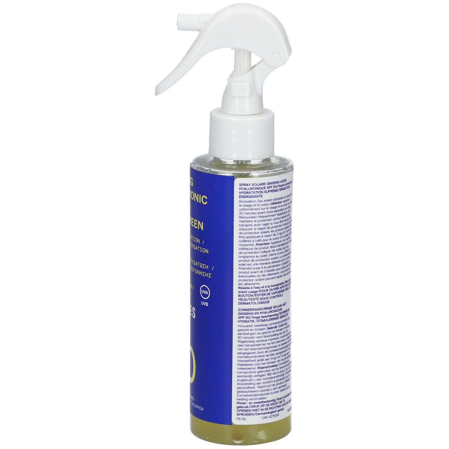 Sprayfles met witte sproeikop. Blauw etiket met tekst. Achterkant met ingrediënten.