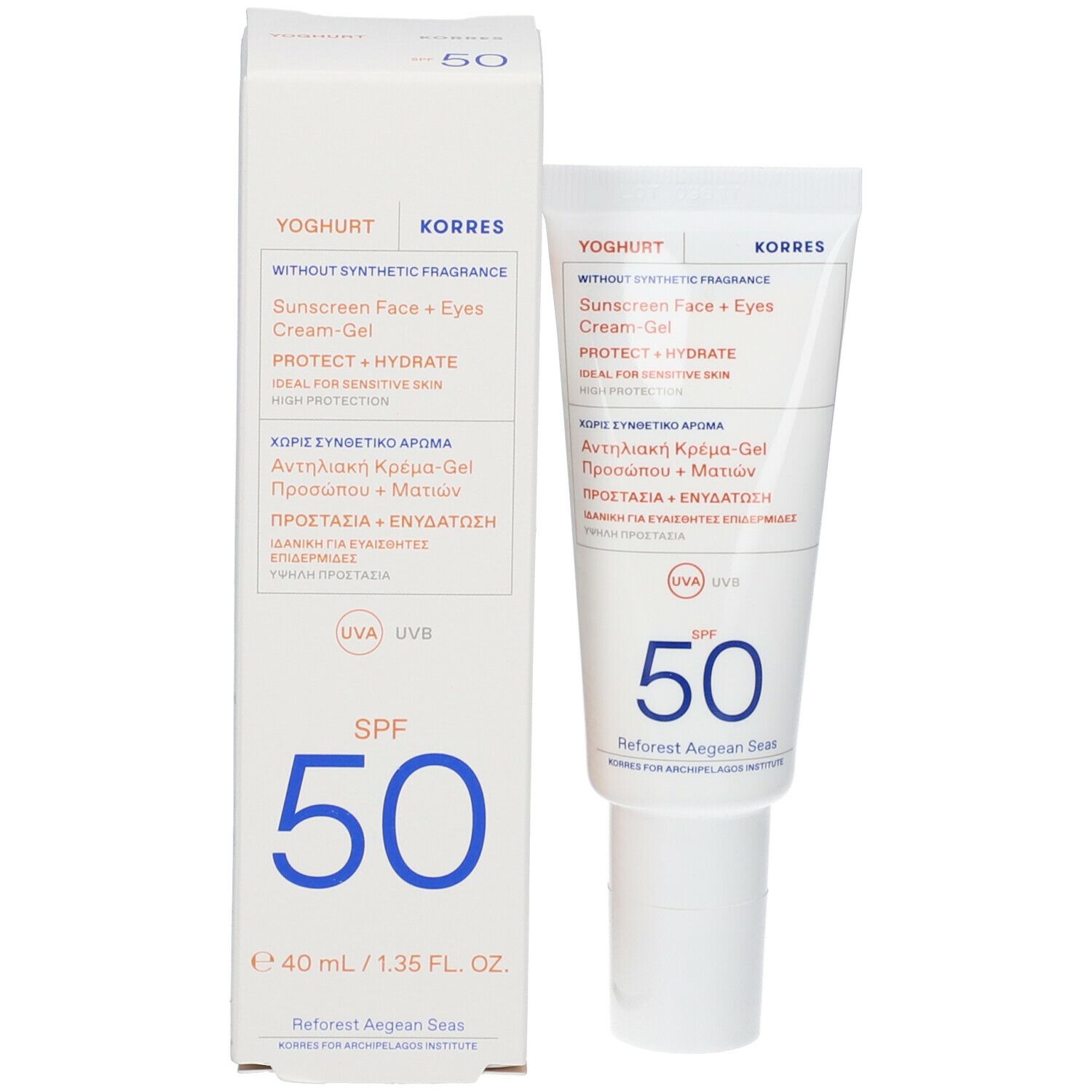 Productverpakking met tube en doos. Witte doos met blauwe tekst SPF 50. Merk: KORRES.