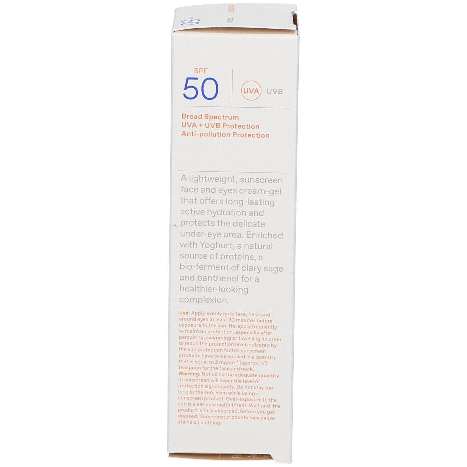 Zijkant van de productverpakking. Bevat informatie over SPF 50 en productbeschrijving in meerdere talen.