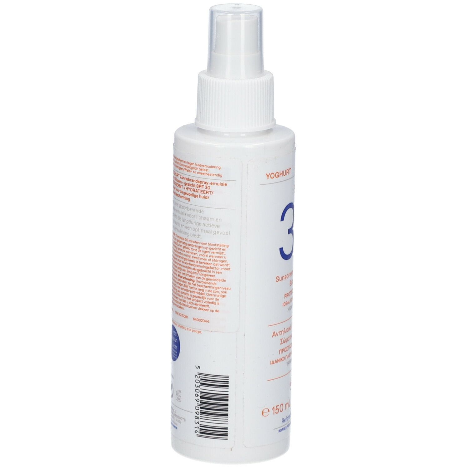 Flacon spray blanc. Texte en rouge et noir. Code-barres et texte au dos.
